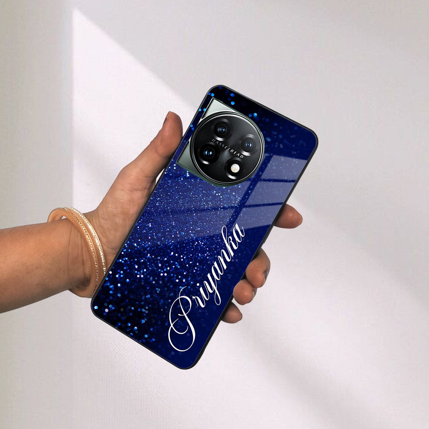 Blue Glitter Customize Glass Case Cover For Oneplus