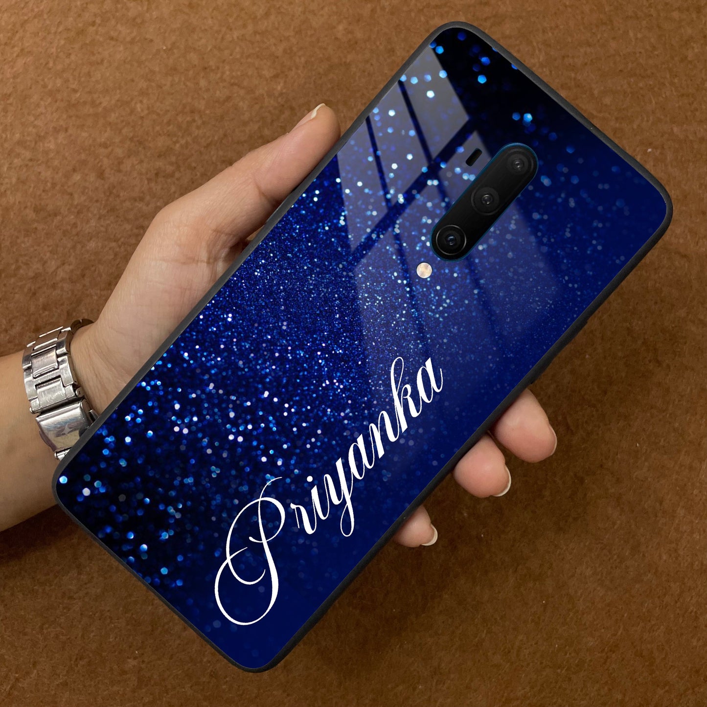 Blue Glitter Customize Glass Case Cover For Oneplus