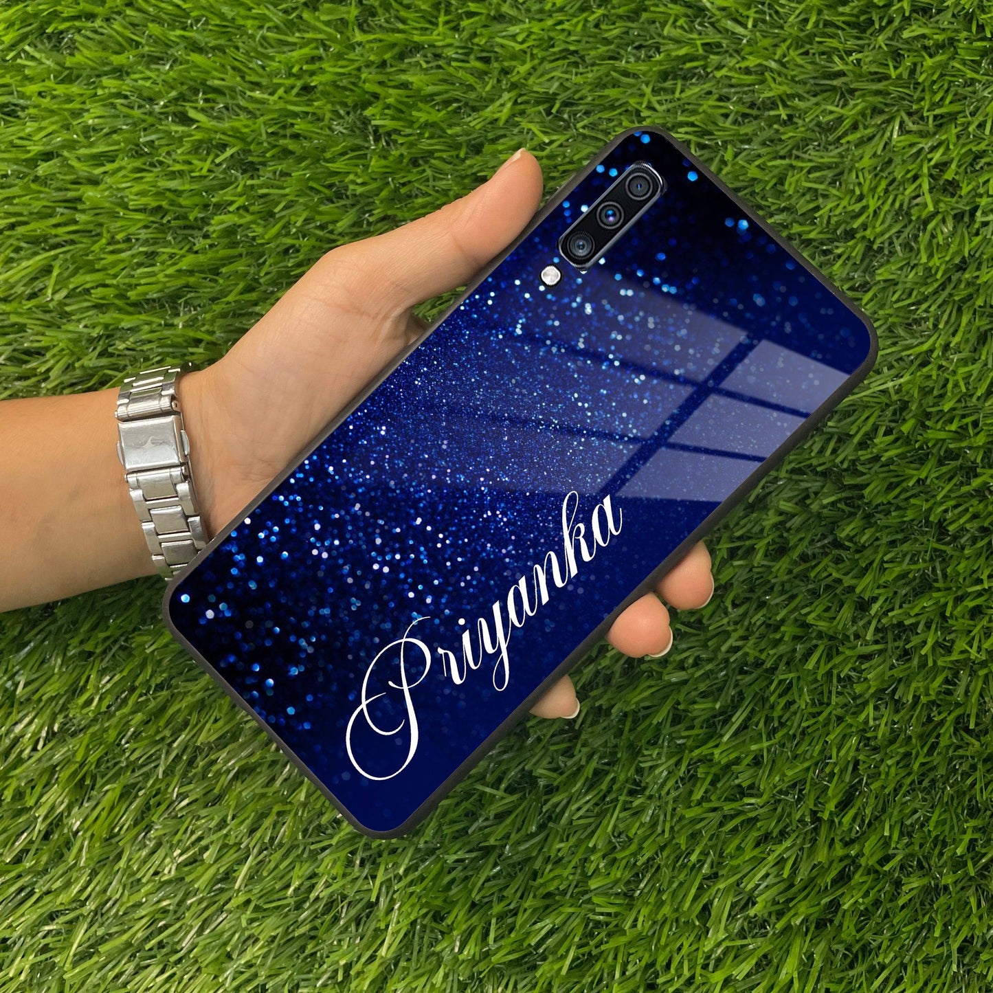 Blue Glitter Customize Glass Case Cover For Samsung