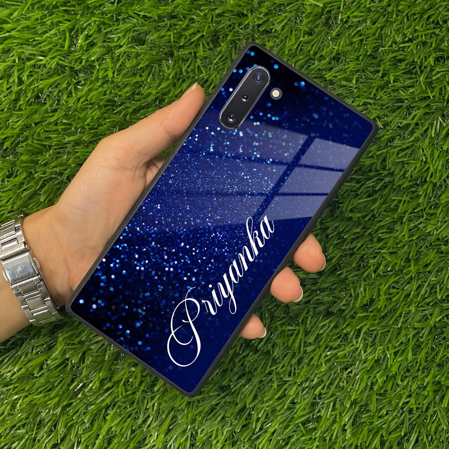 Blue Glitter Customize Glass Case Cover For Samsung