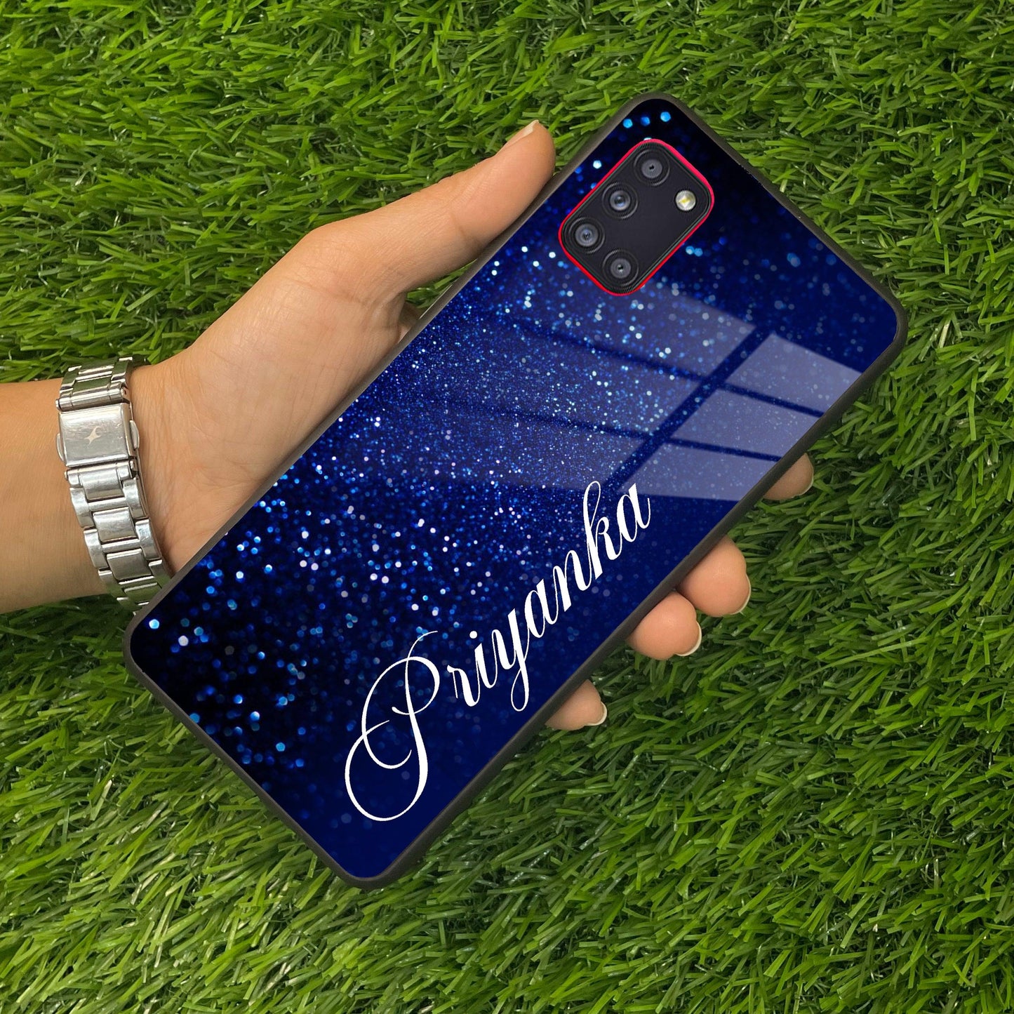 Blue Glitter Customize Glass Case Cover For Samsung