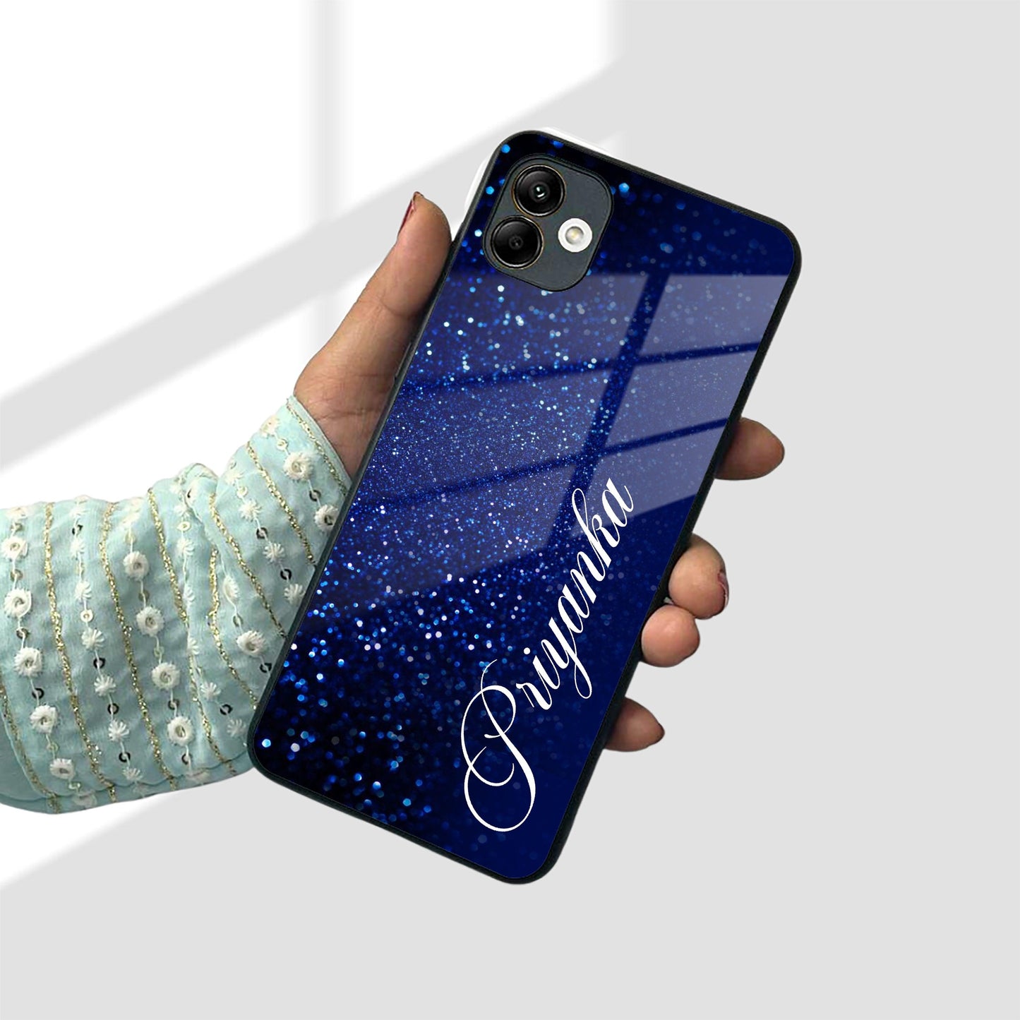 Blue Glitter Customize Glass Case Cover For Samsung