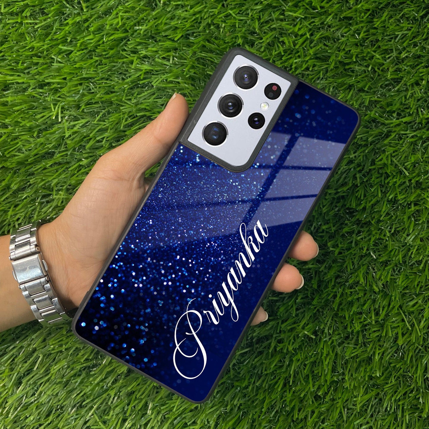 Blue Glitter Customize Glass Case Cover For Samsung