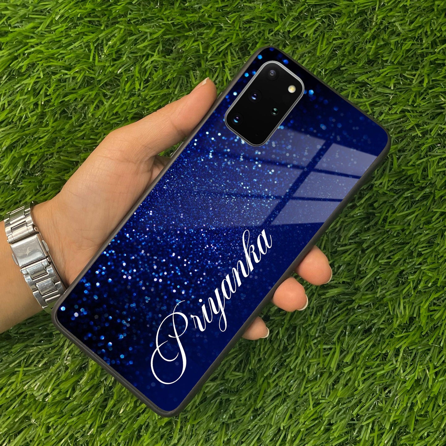 Blue Glitter Customize Glass Case Cover For Samsung