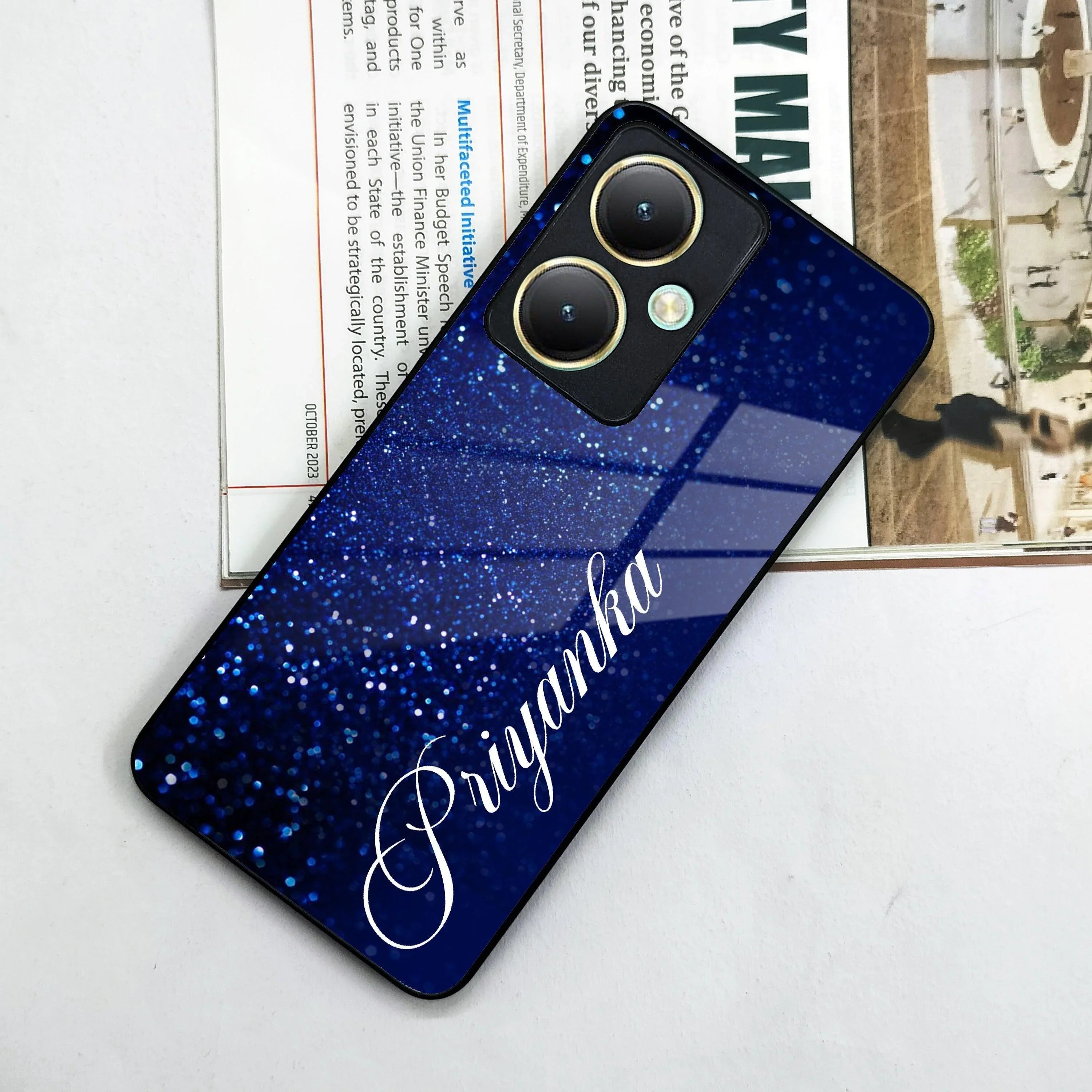 Blue Glitter Customize Glass Case Cover For Vivo - ShopOnCliQ