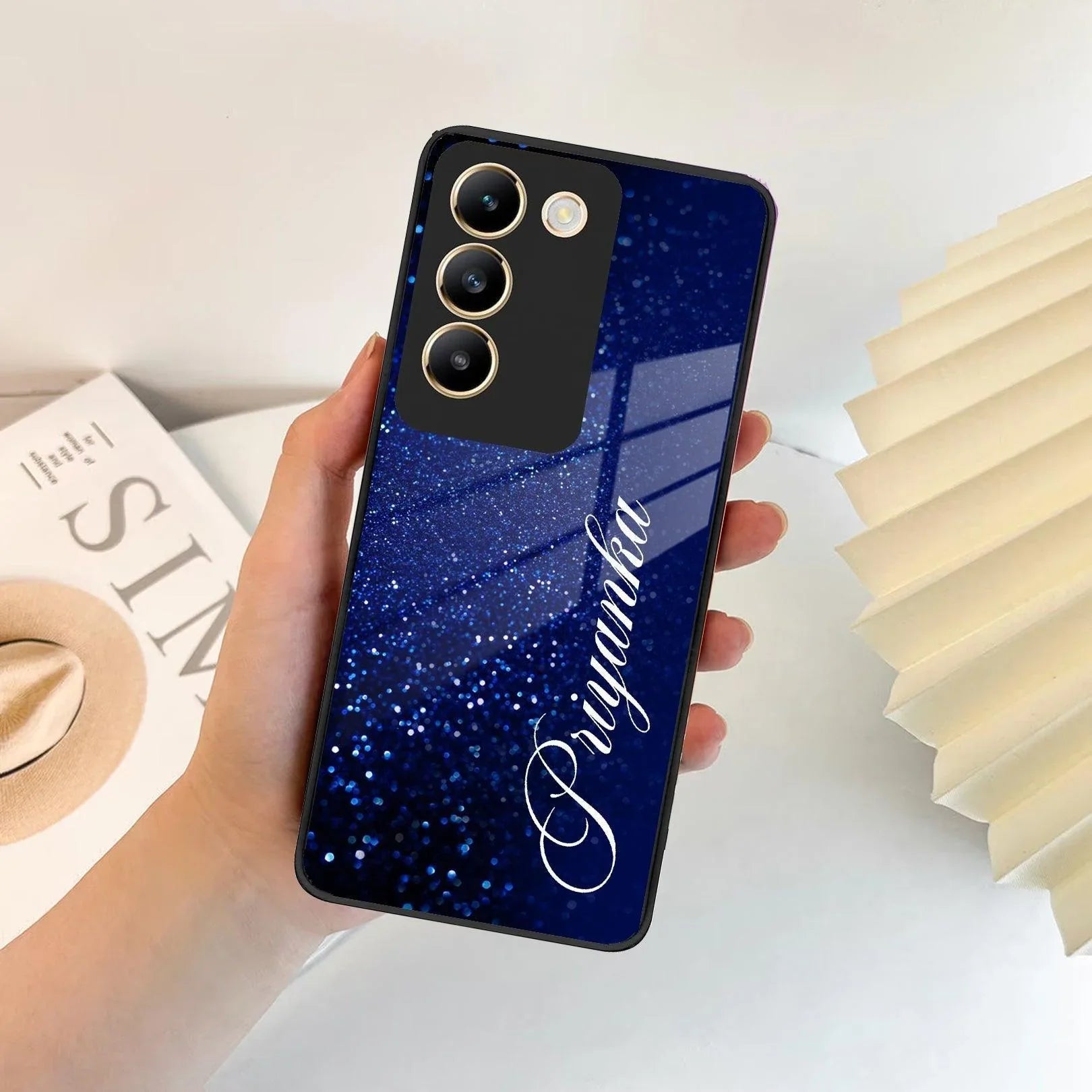 Blue Glitter Customize Glass Case Cover For Vivo - ShopOnCliQ