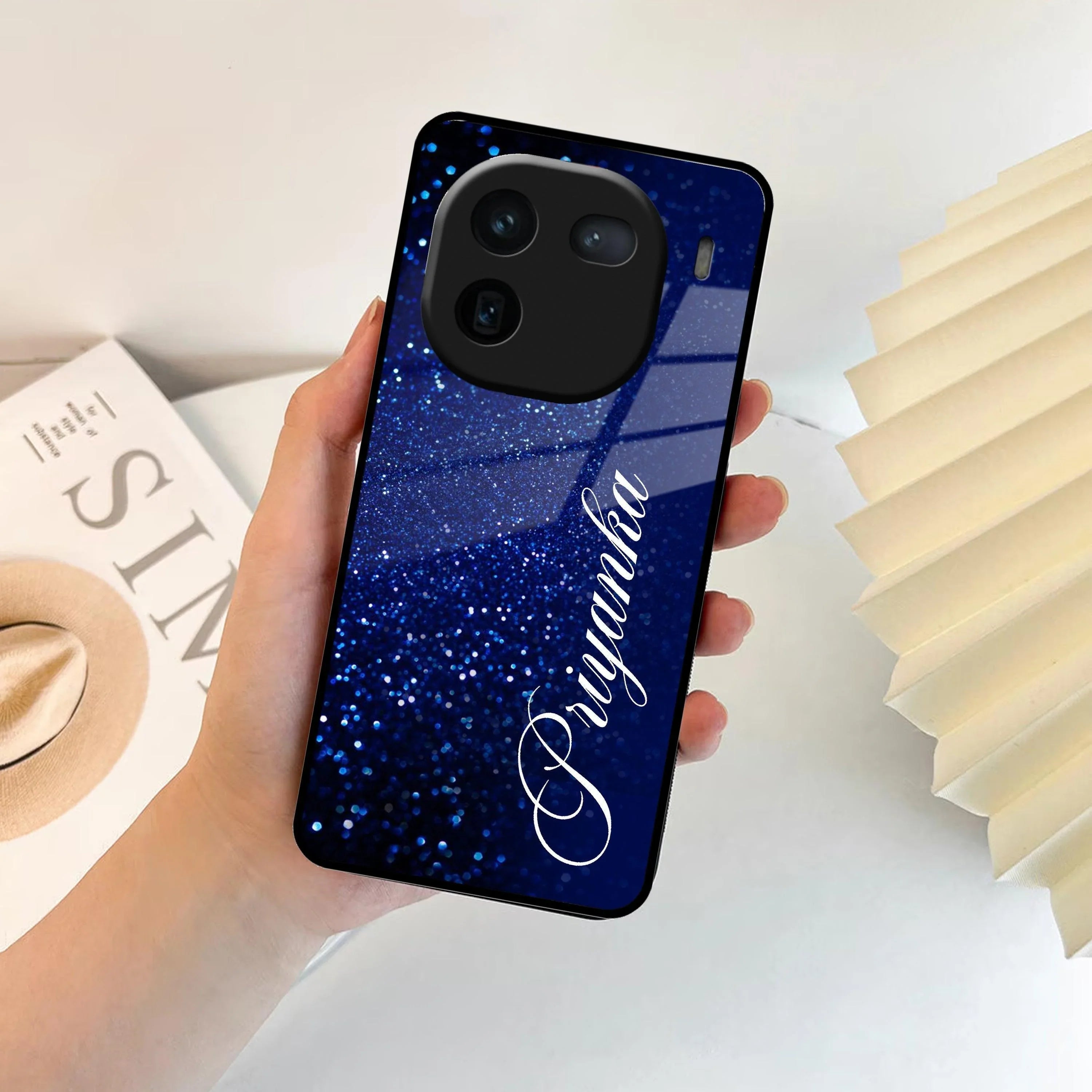 Blue Glitter Customize Glass Case Cover For iQOO - ShopOnCliQ