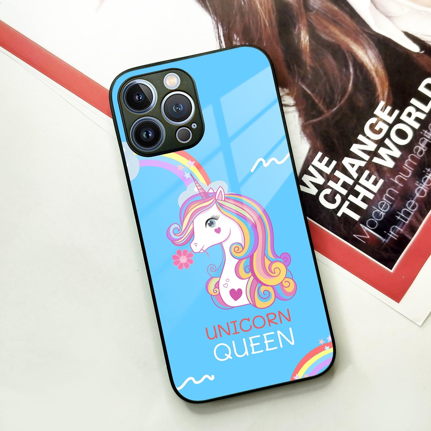 Blue Unicorn Queen Glass Phone Case For iPhone