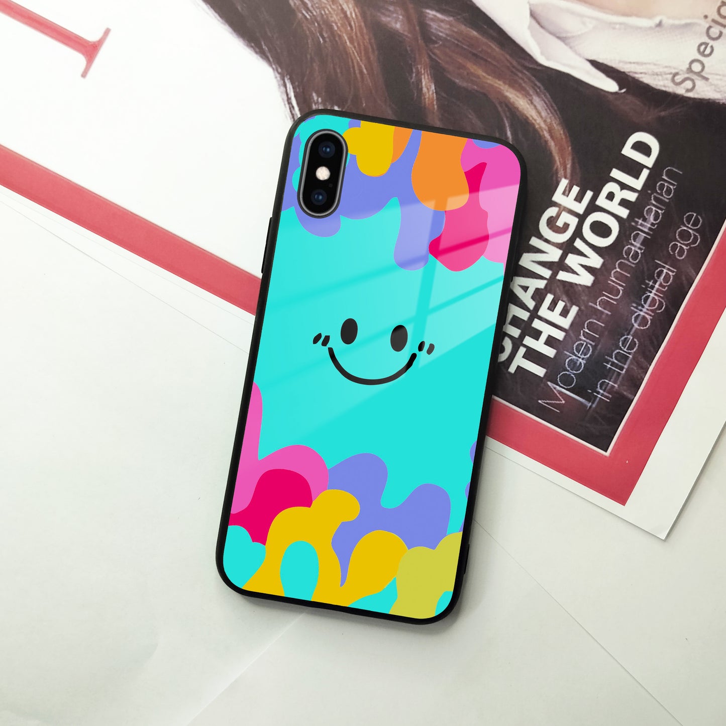 Cute Blue Smiley Multicolor Glass Case For iPhone