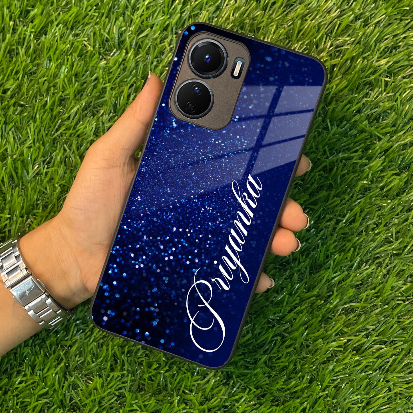 Blue Glitter Customize Glass Case Cover For Vivo