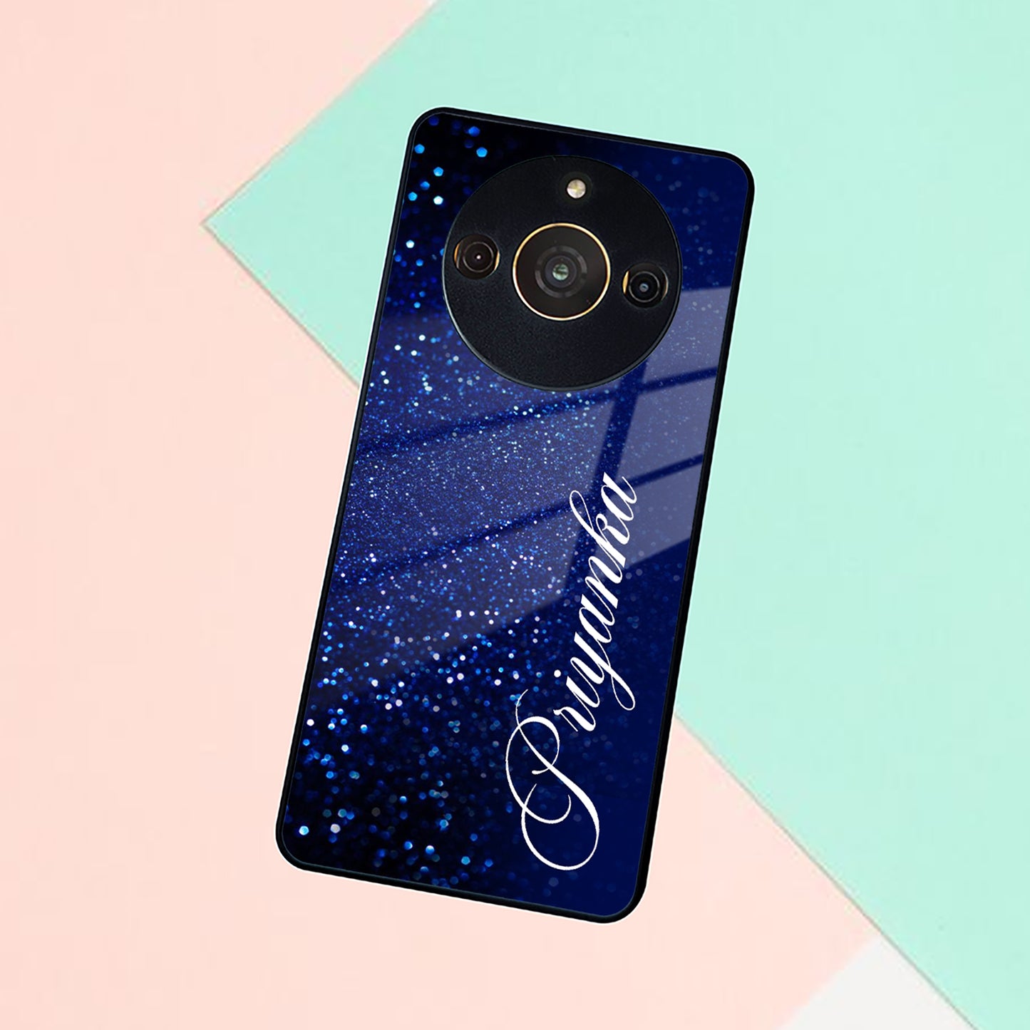 Blue Glitter Customize Glass Case Cover For Realme/Narzo