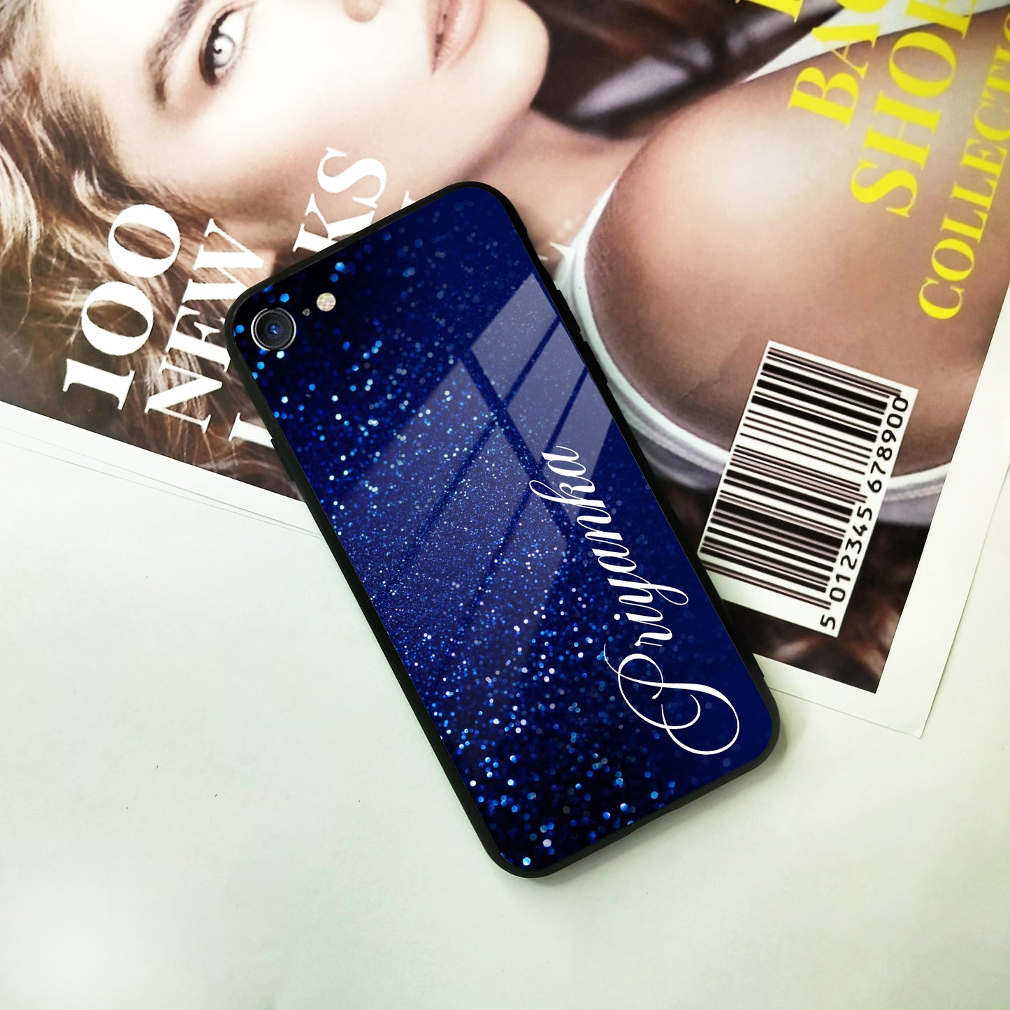 Blue Glitter Customize Glass Case Cover For iPhone