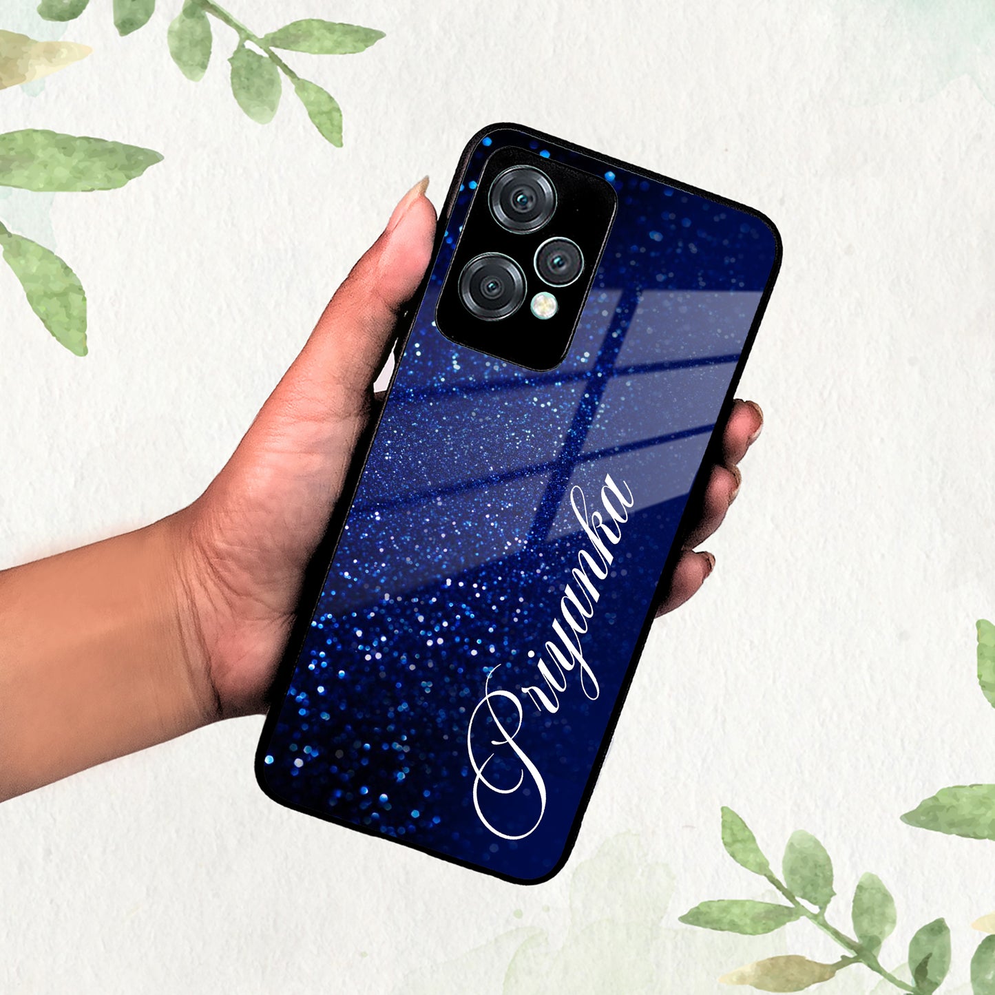 Blue Glitter Customize Glass Case Cover For Oneplus