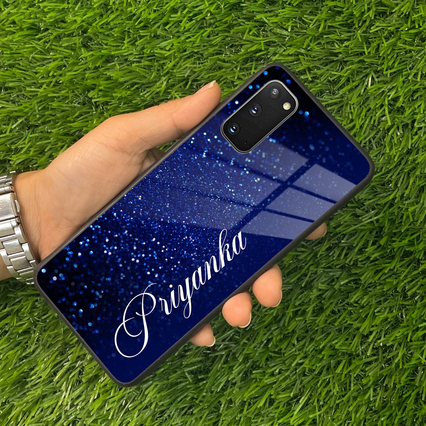 Blue Glitter Customize Glass Case Cover For Samsung
