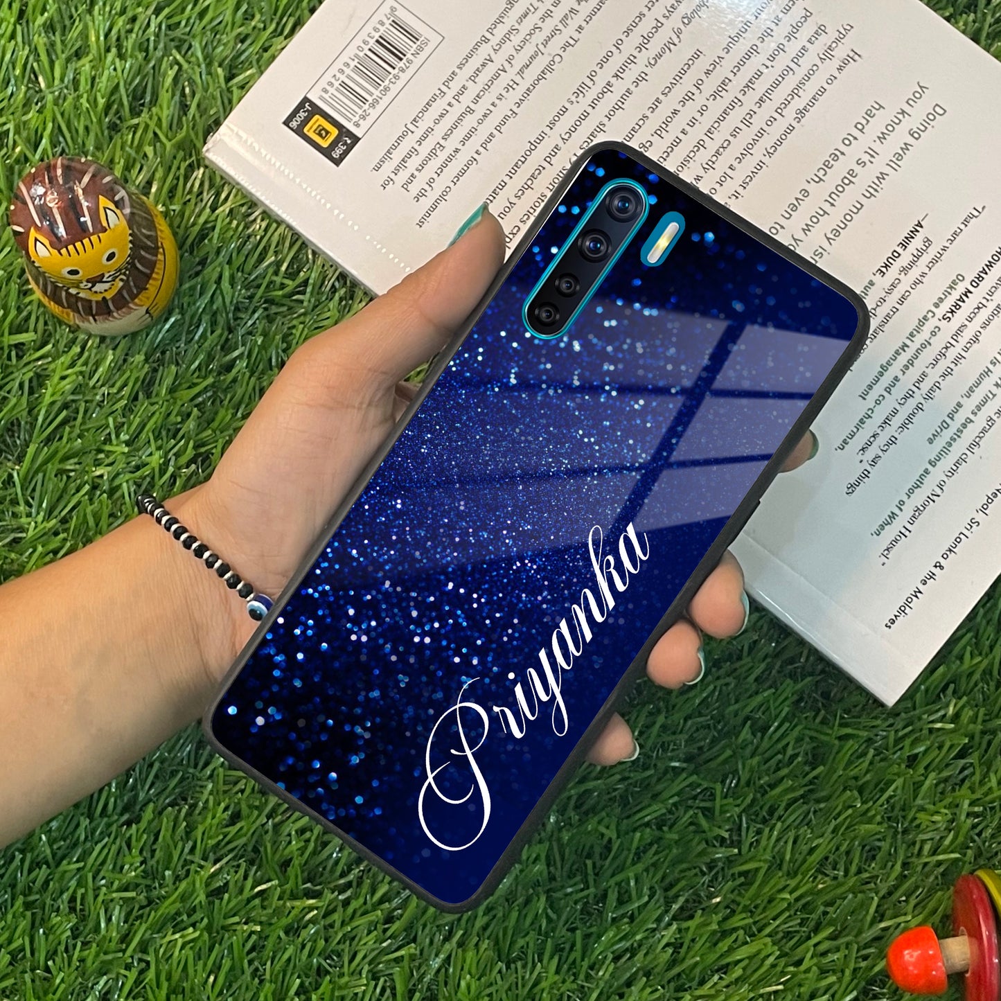 Blue Glitter Customize Glass Case Cover For Oppo