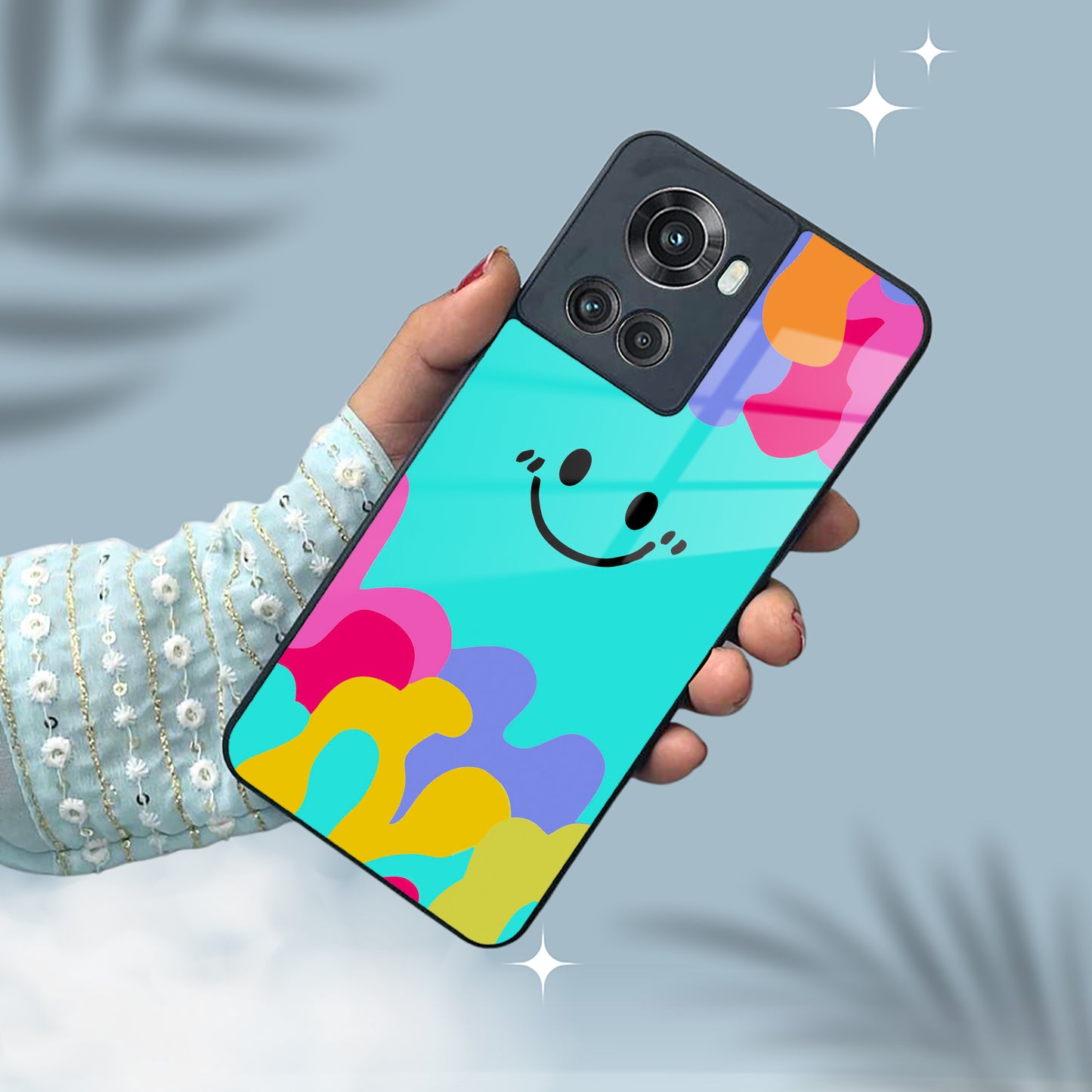 Cute Blue Smiley Multicolor Glass Case For OnePlus