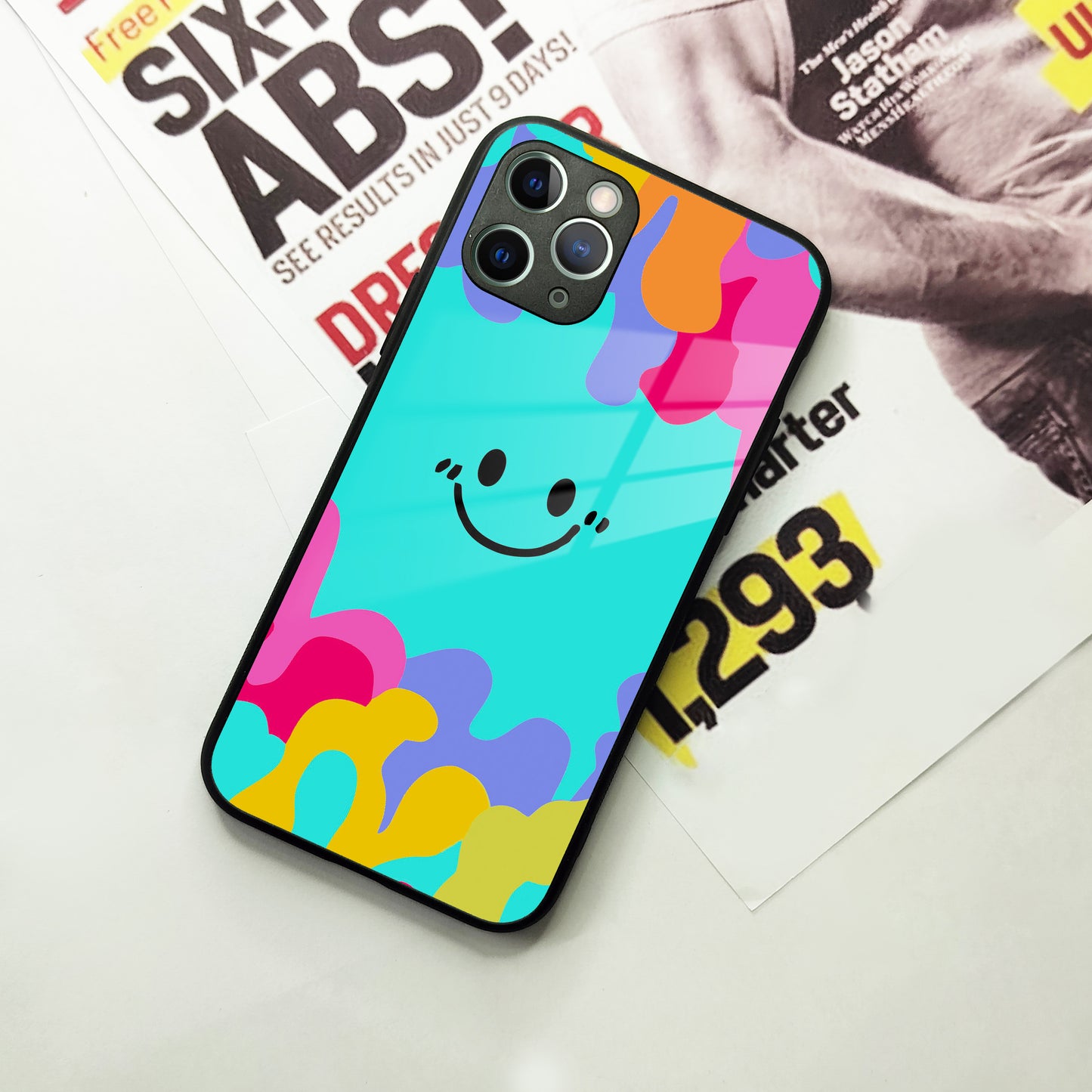 Cute Blue Smiley Multicolor Glass Case For iPhone
