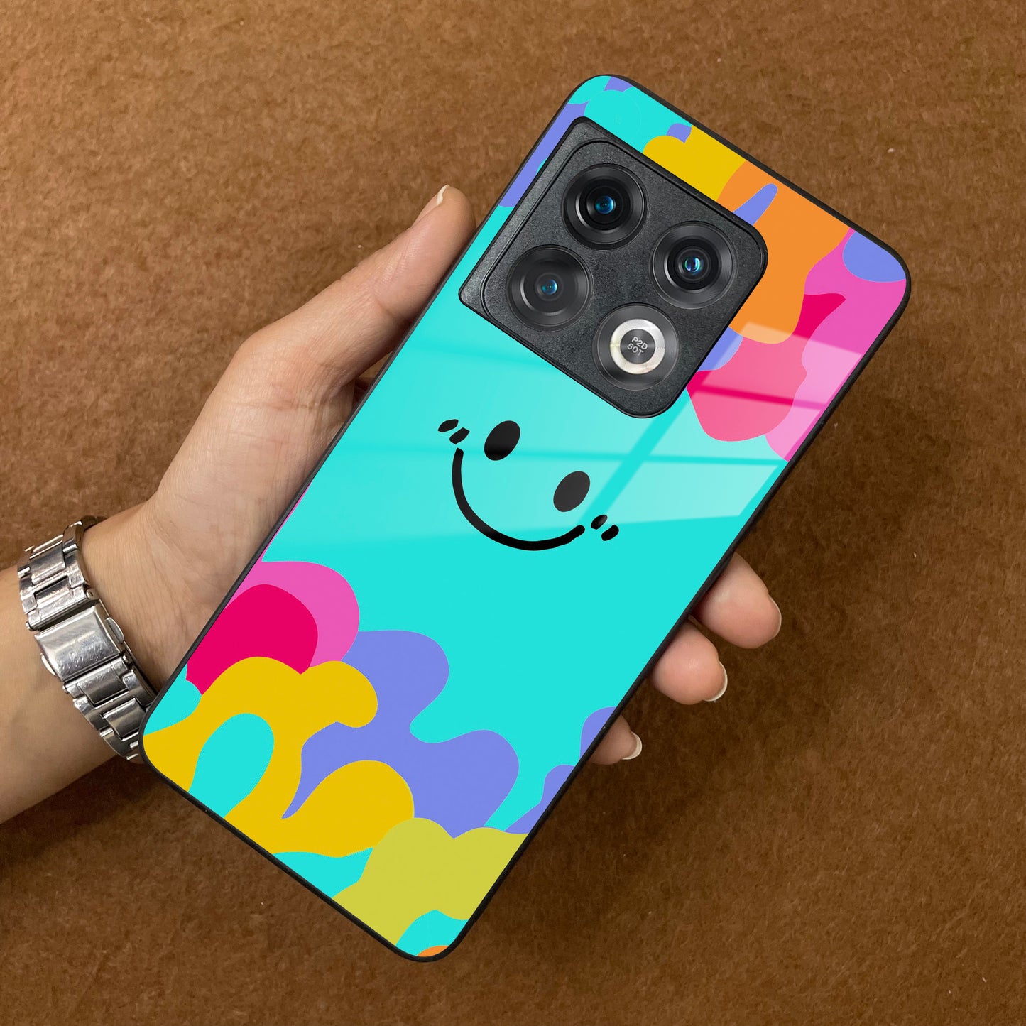 Cute Blue Smiley Multicolor Glass Case For OnePlus
