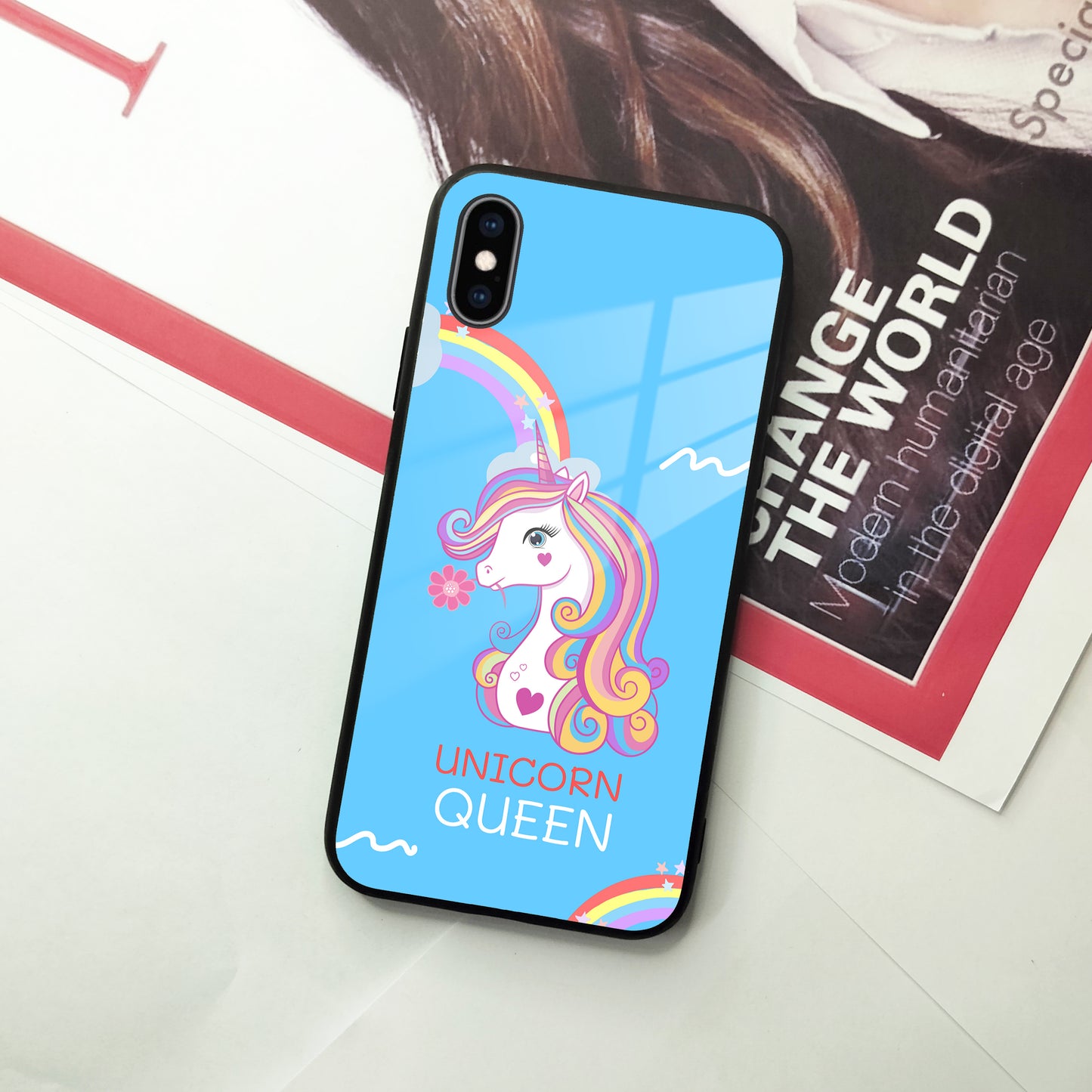 Blue Unicorn Queen Glass Phone Case For iPhone