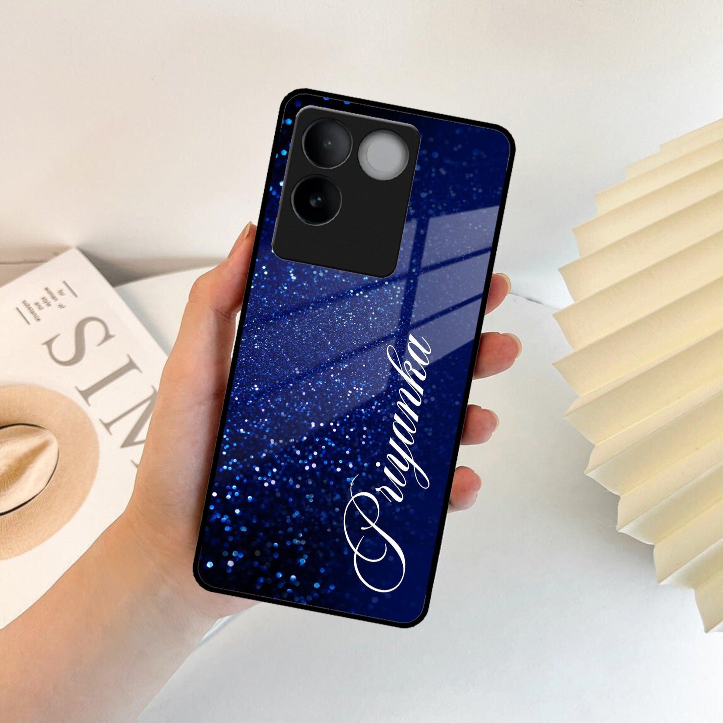 Blue Glitter Customize Glass Case Cover For iQOO