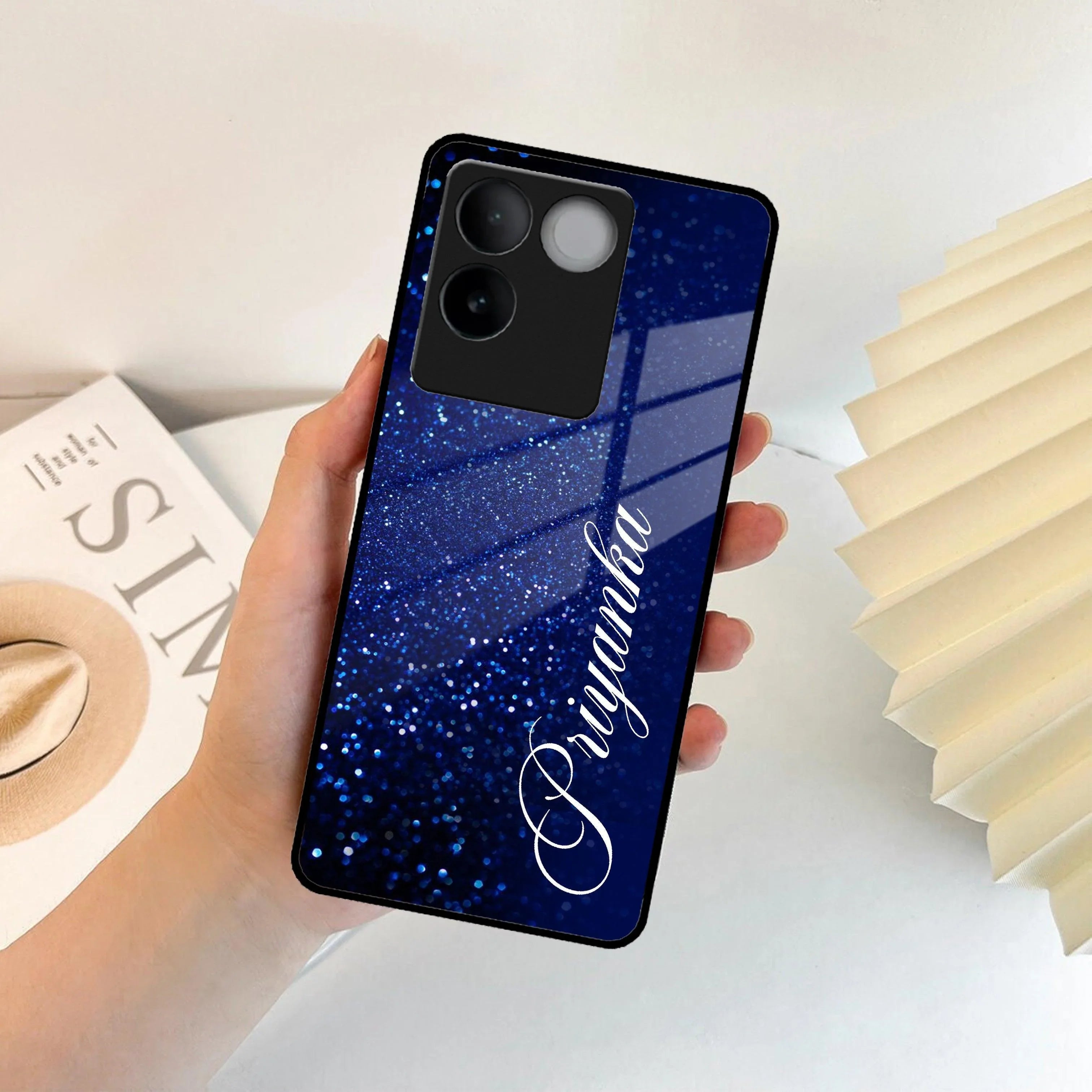Blue Glitter Customize Glass Case Cover For iQOO - ShopOnCliQ