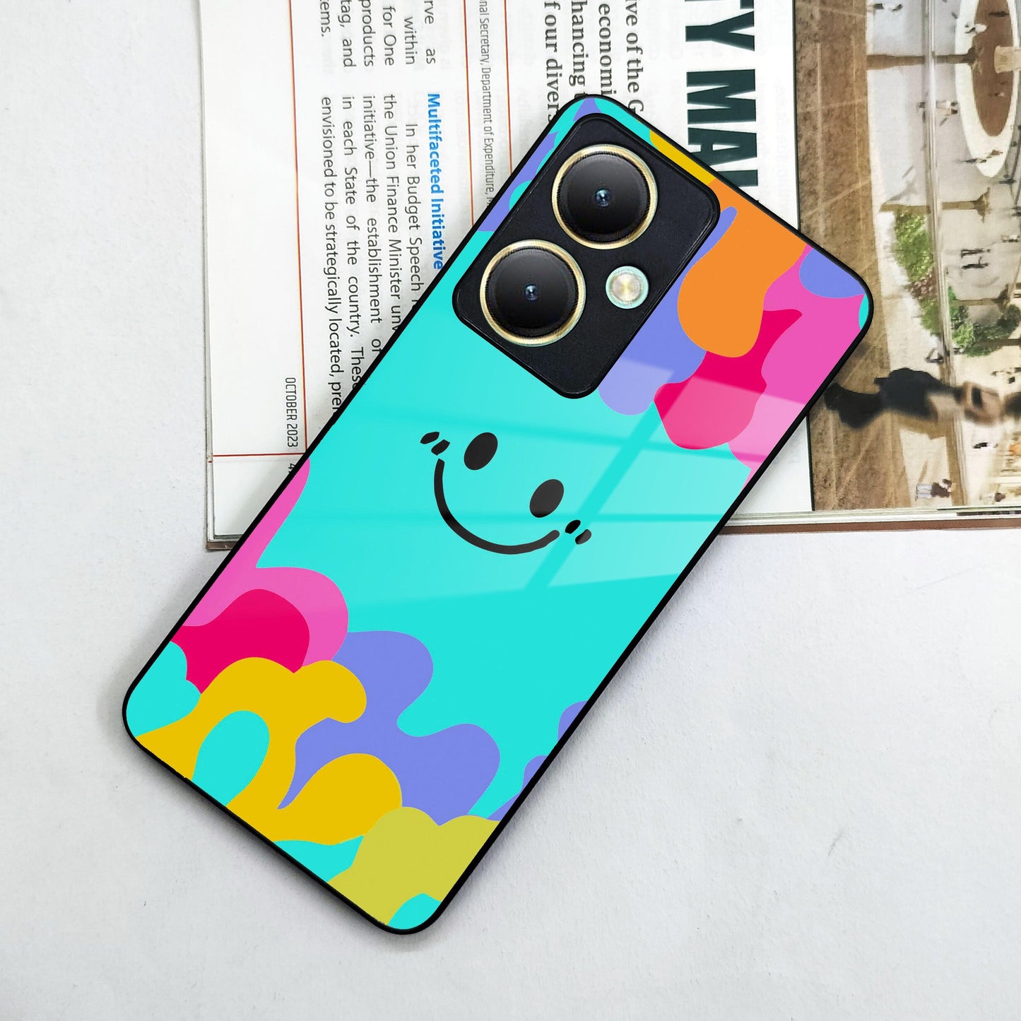 Cute Blue Smiley Multicolor Glass Case For Vivo