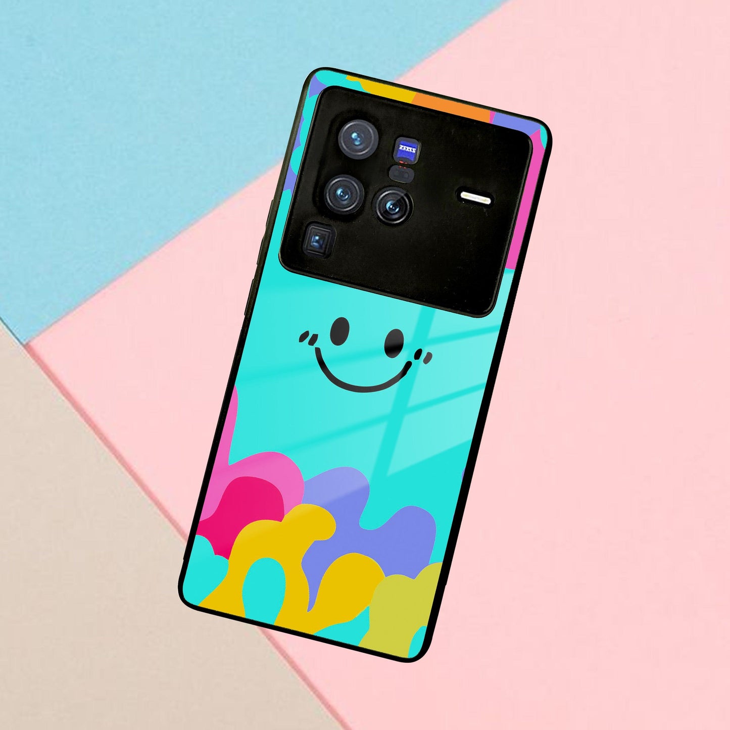 Cute Blue Smiley Multicolor Glass Case For Vivo