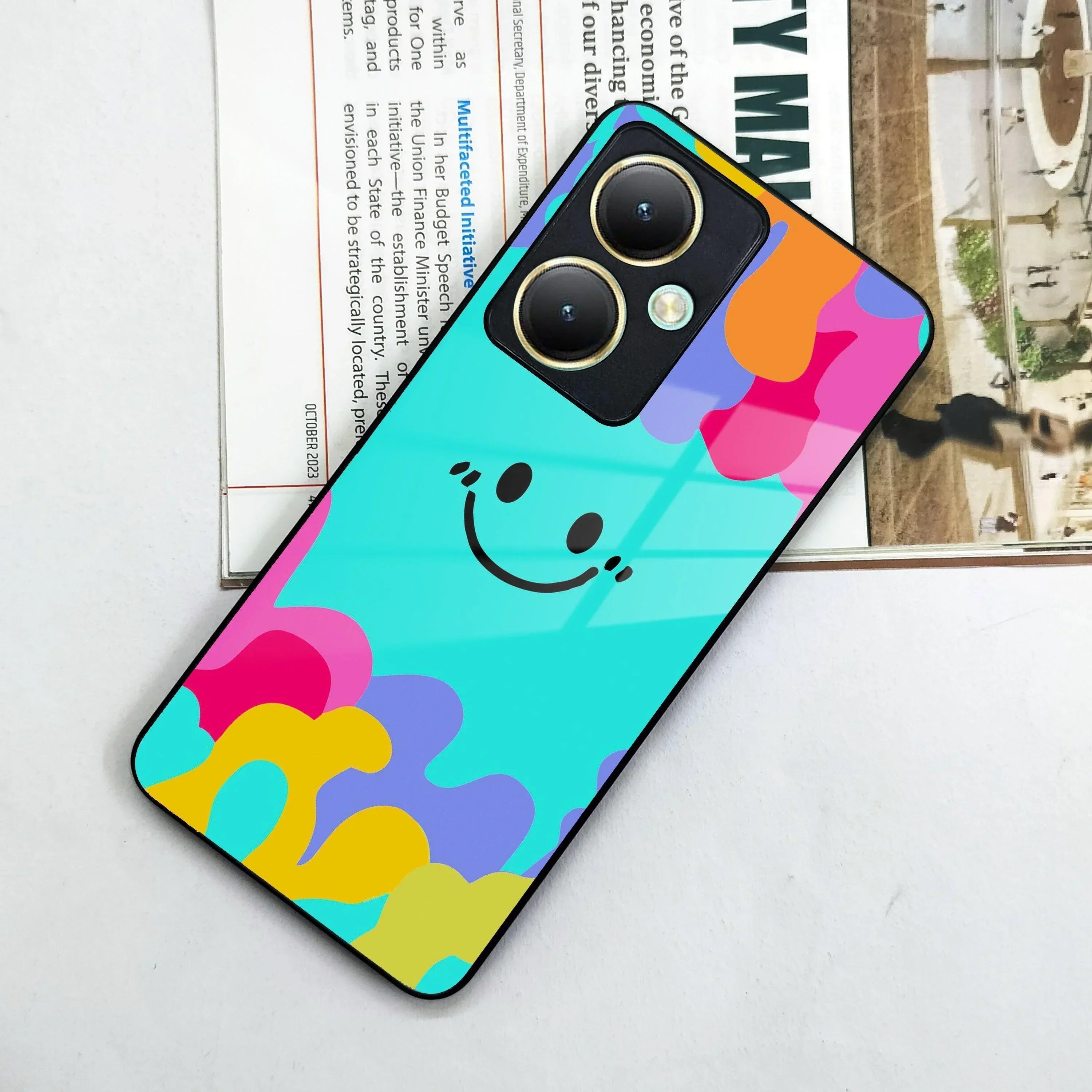 Cute Blue Smiley Multicolor Glass Case For Vivo - ShopOnCliQ