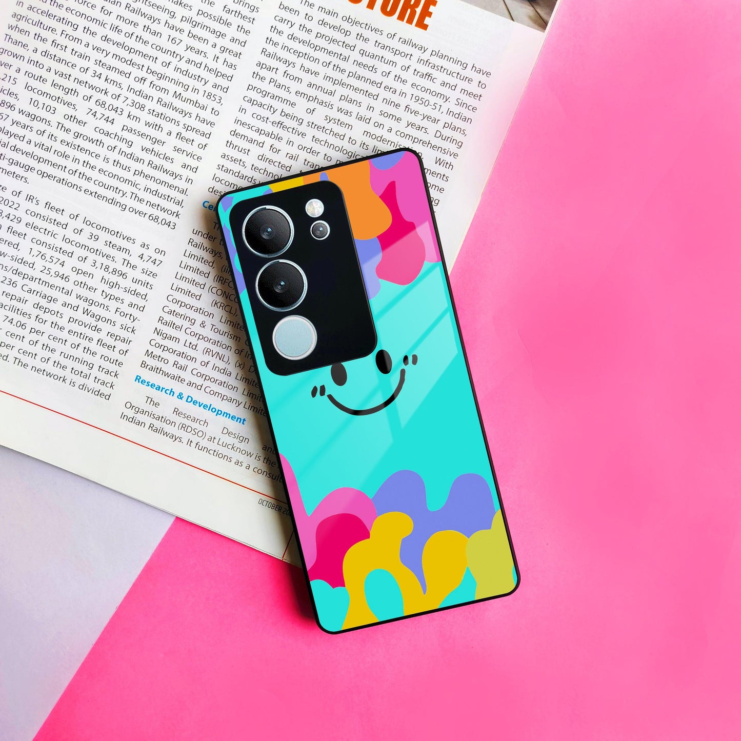 Cute Blue Smiley Multicolor Glass Case For Vivo