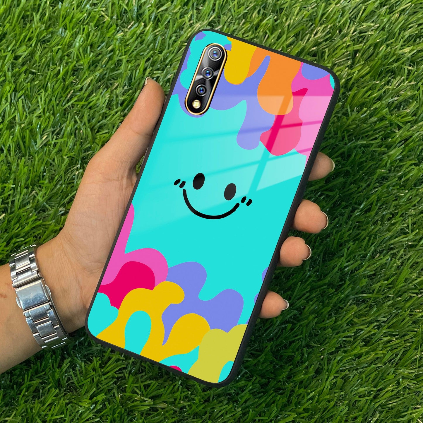 Cute Blue Smiley Multicolor Glass Case For Vivo