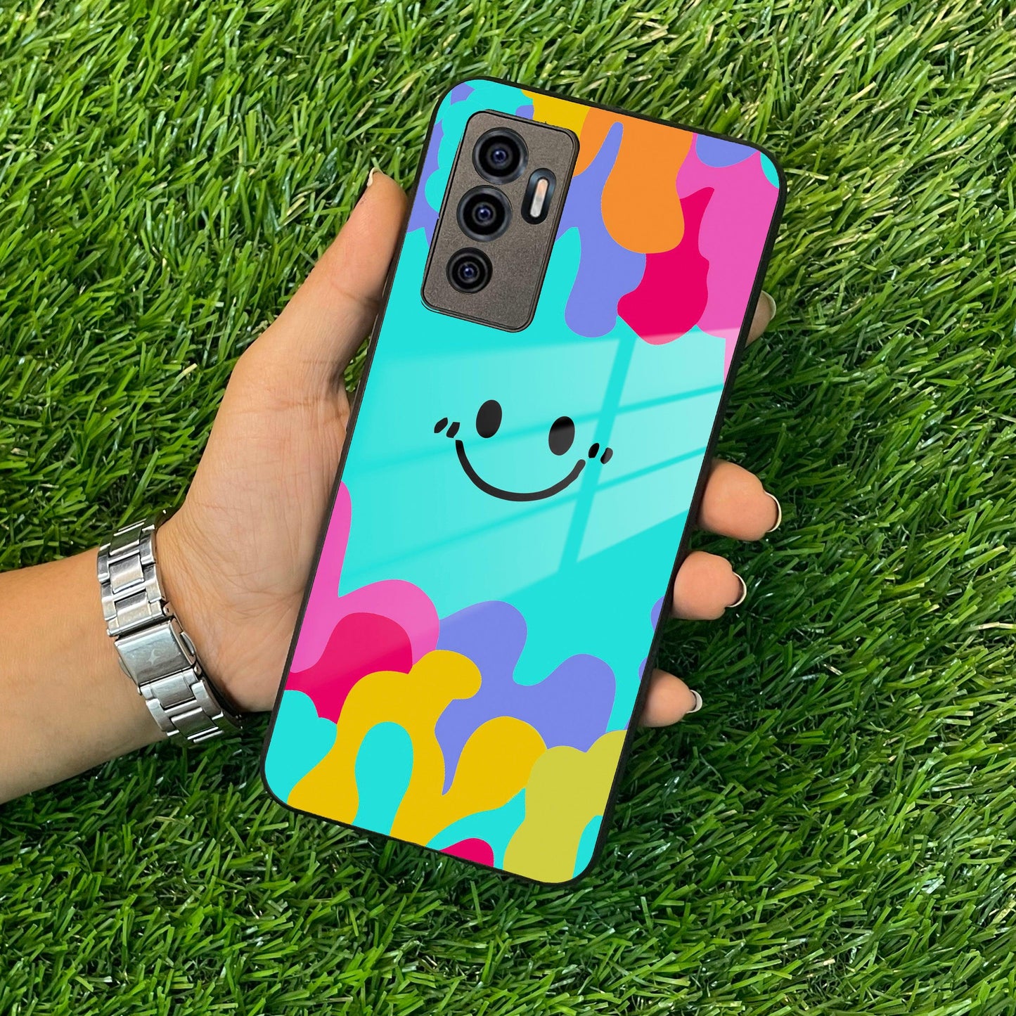 Cute Blue Smiley Multicolor Glass Case For Vivo