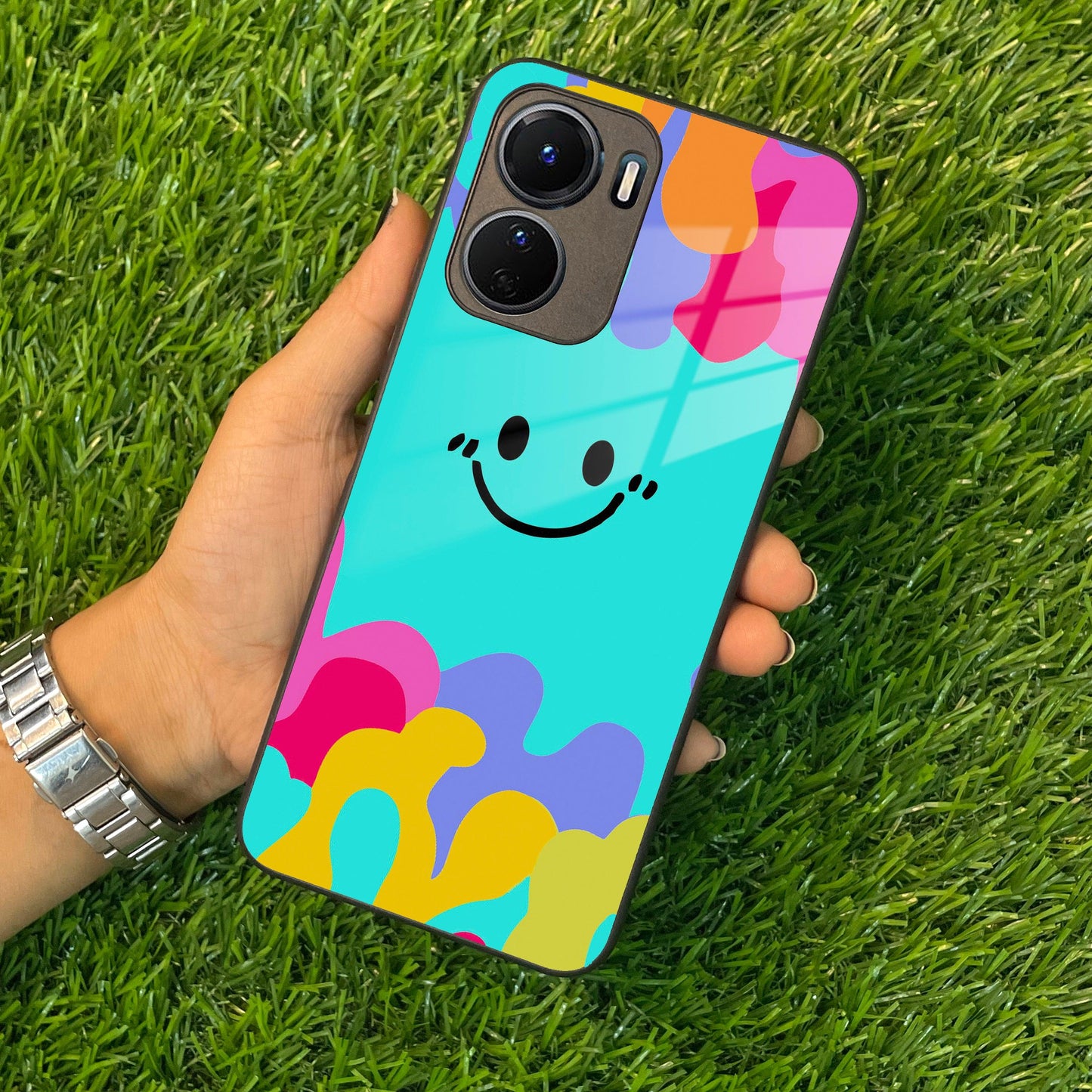 Cute Blue Smiley Multicolor Glass Case For Vivo