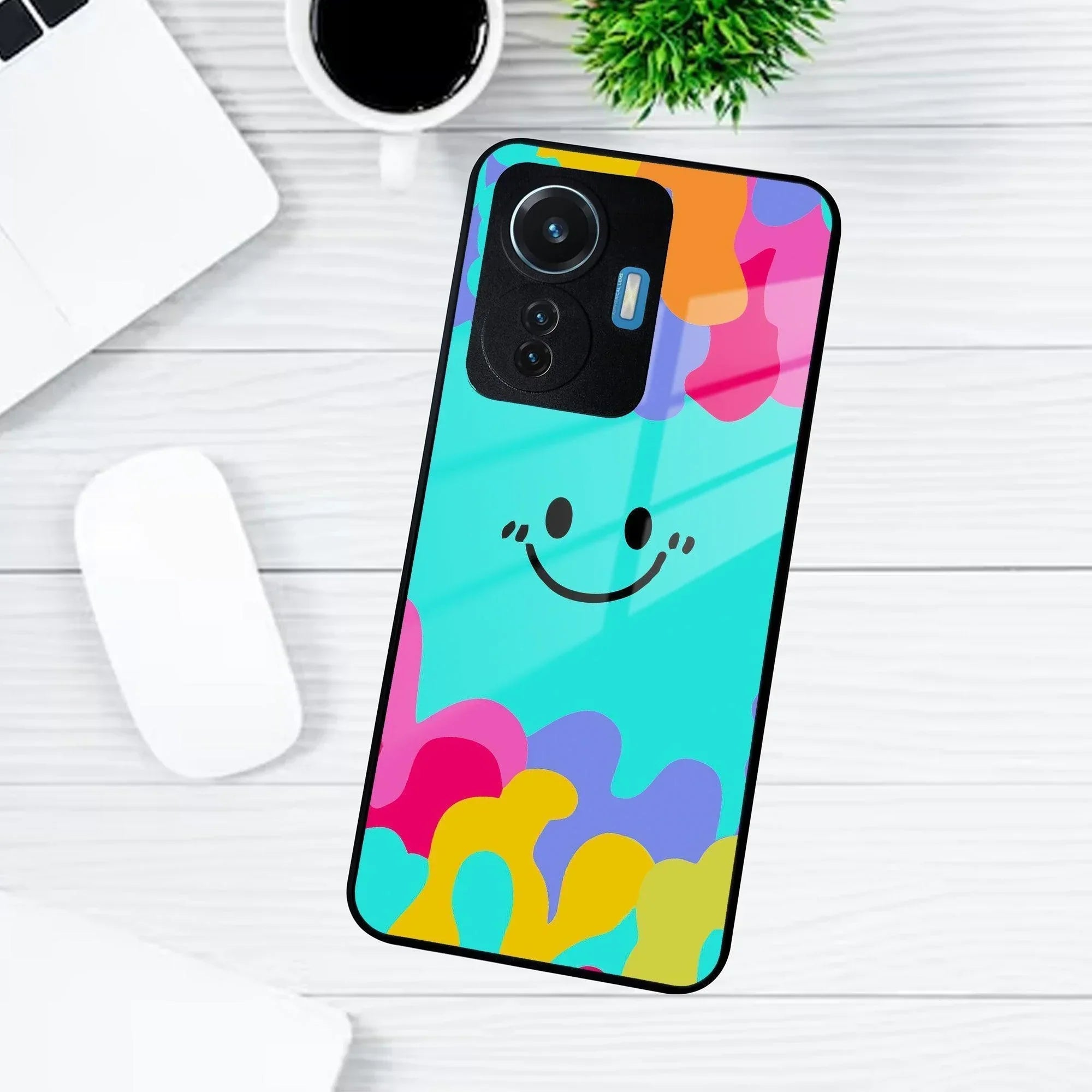Cute Blue Smiley Multicolor Glass Case For Vivo - ShopOnCliQ