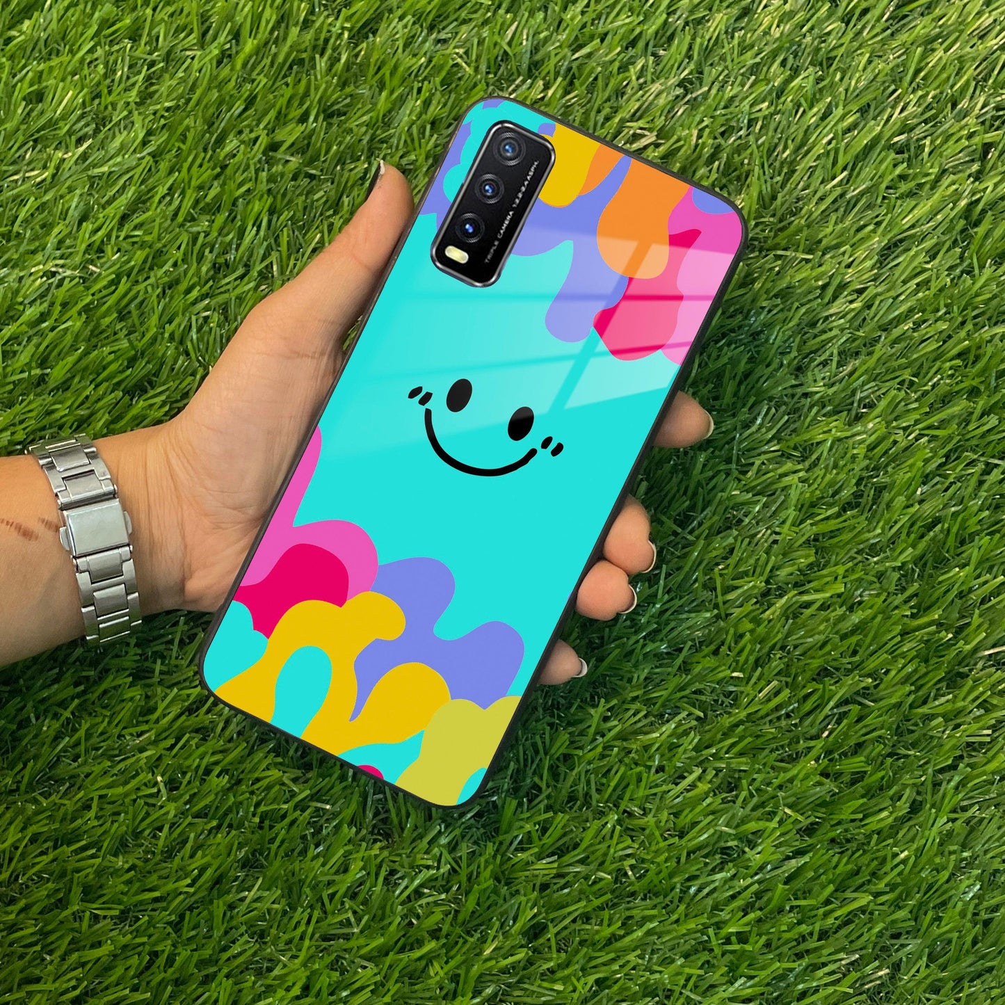 Cute Blue Smiley Multicolor Glass Case For Vivo