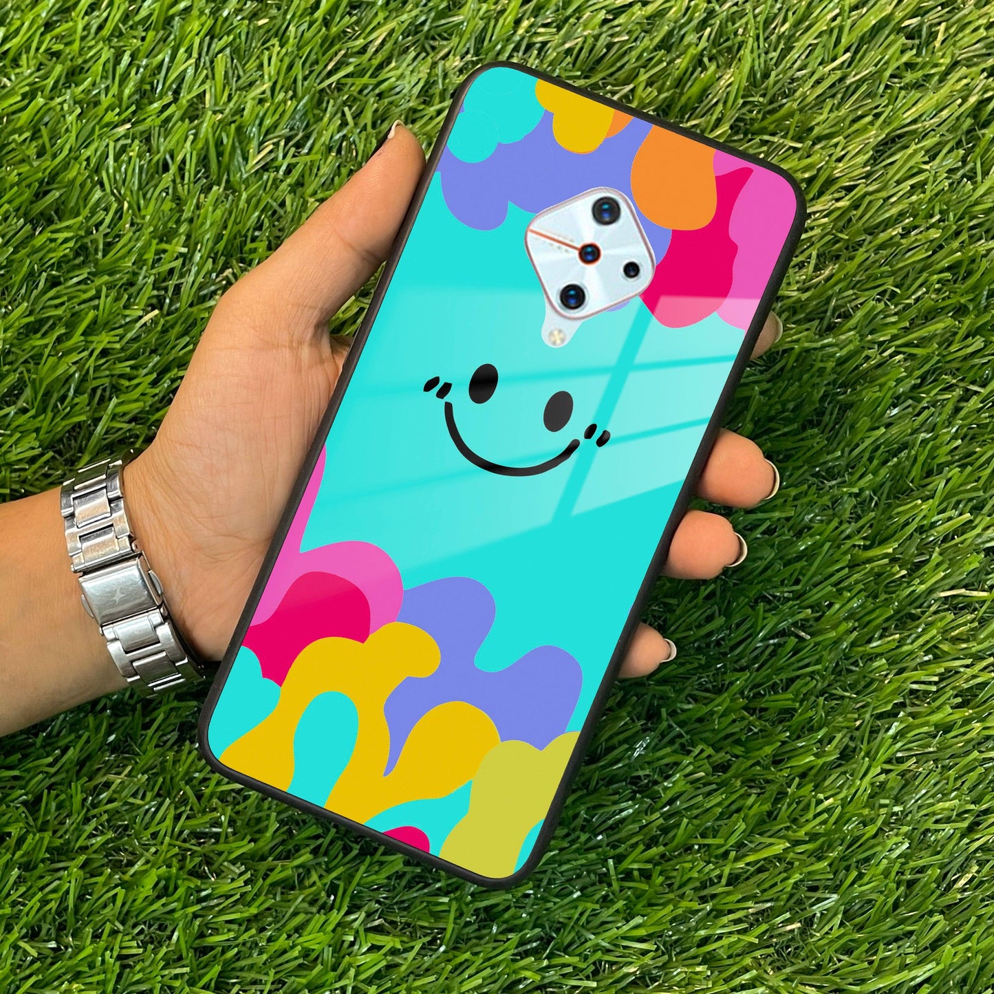 Cute Blue Smiley Multicolor Glass Case For Vivo