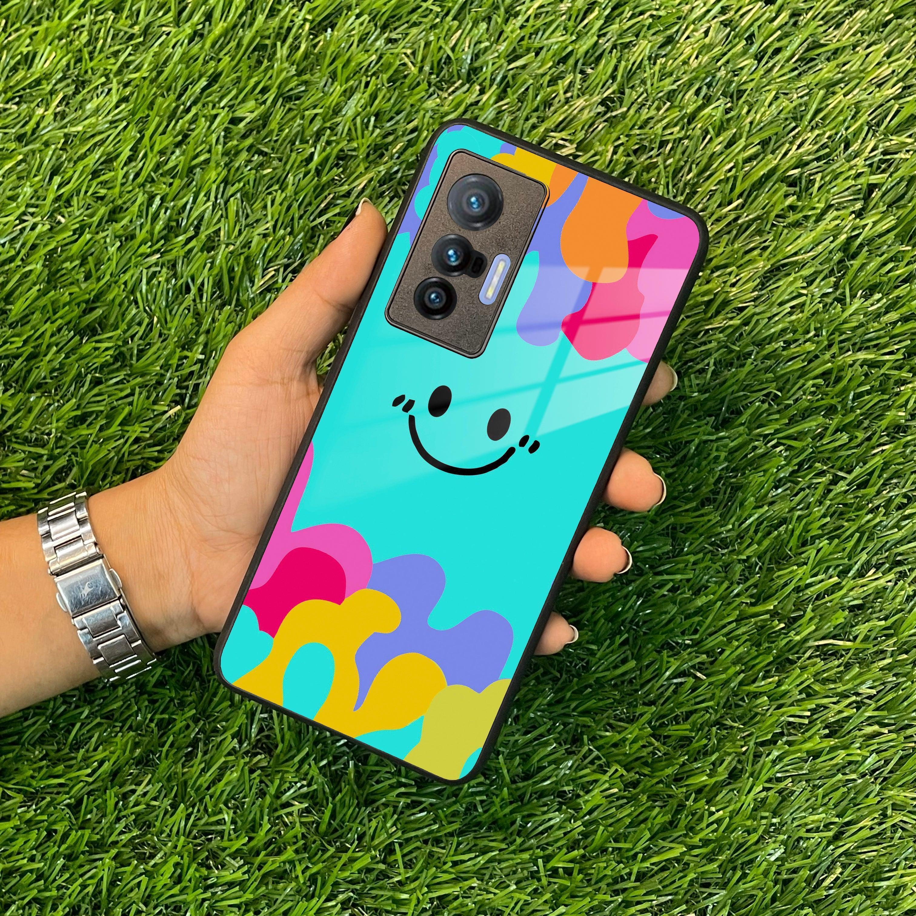 Cute Blue Smiley Multicolor Glass Case For Vivo - ShopOnCliQ
