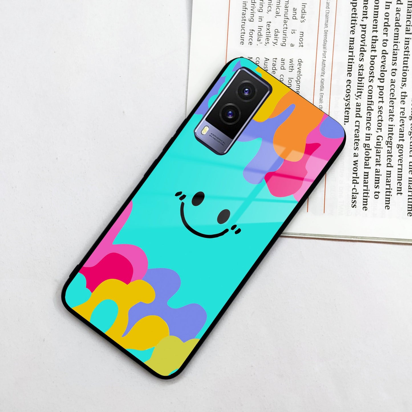 Cute Blue Smiley Multicolor Glass Case For Vivo