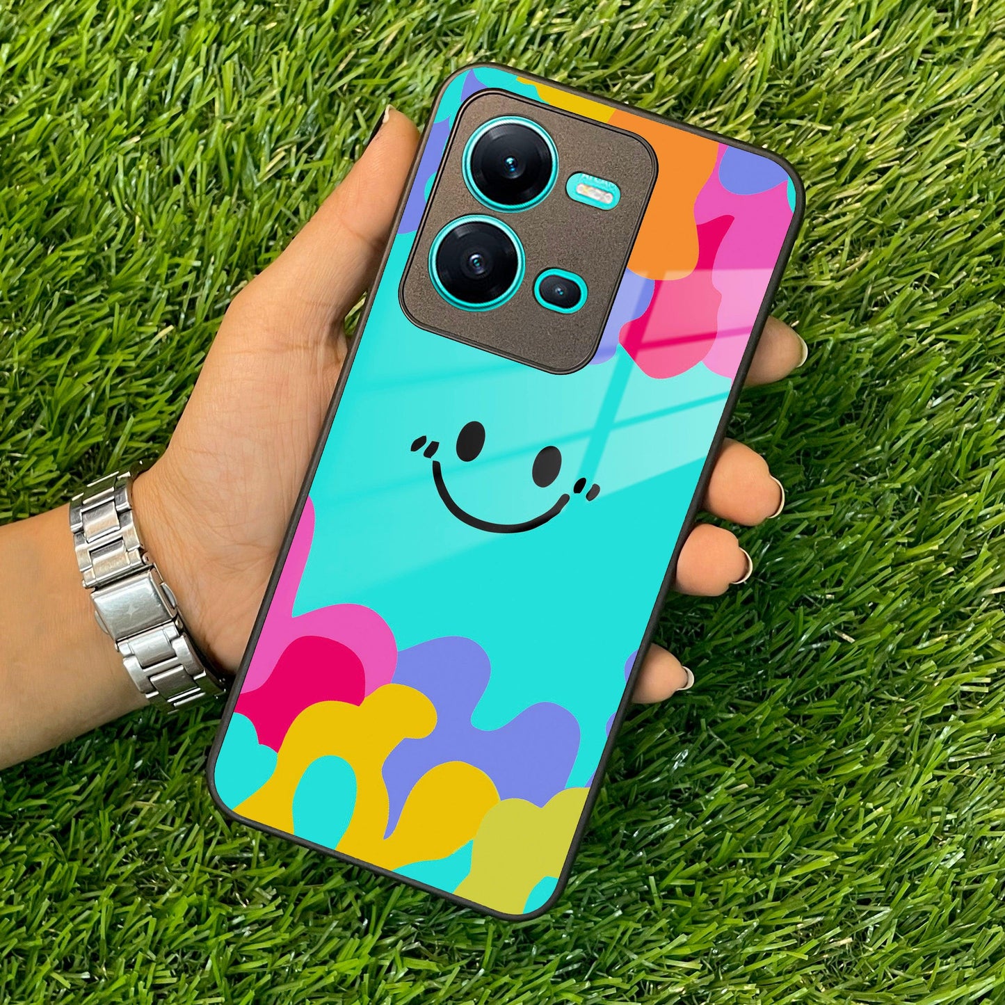 Cute Blue Smiley Multicolor Glass Case For Vivo