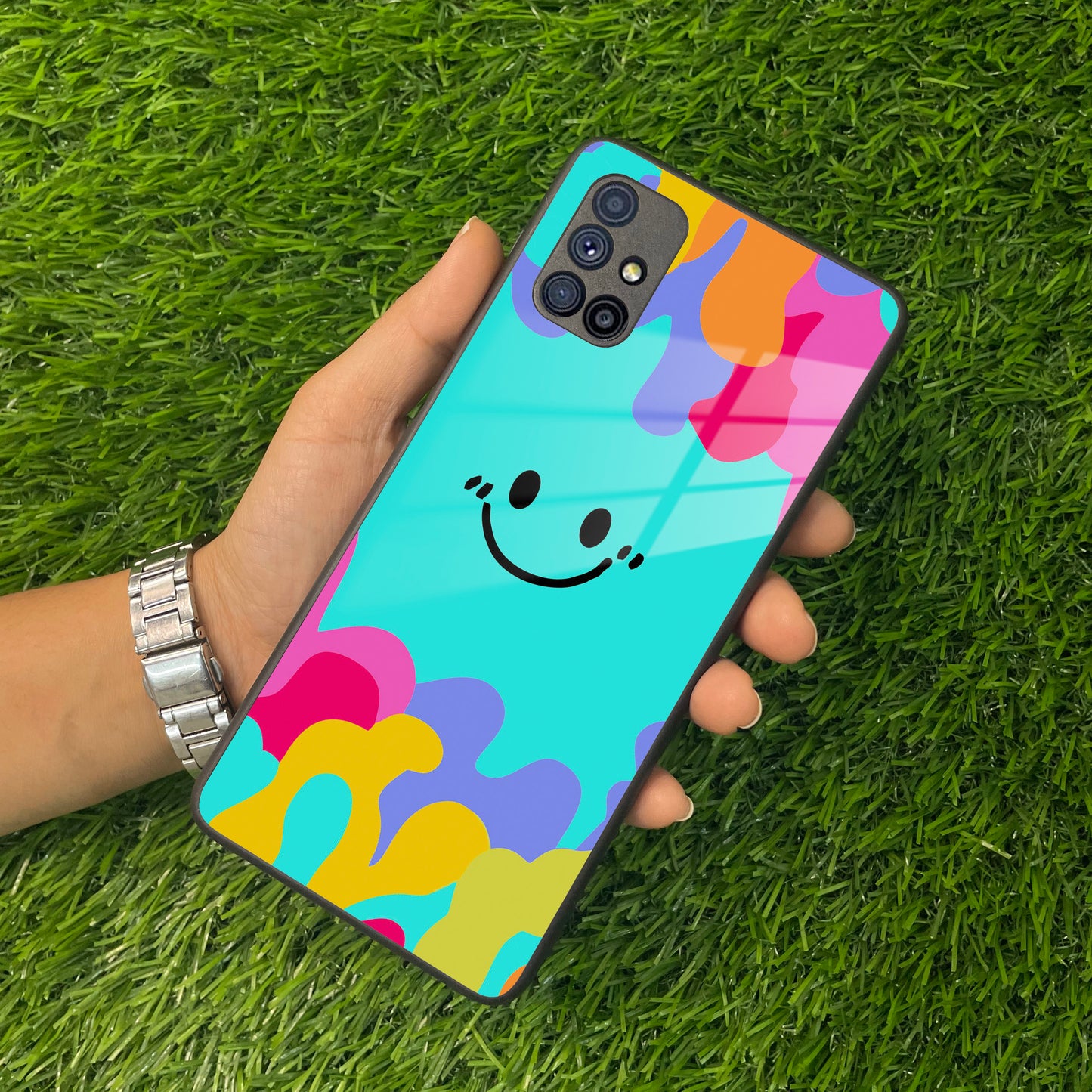 Cute Blue Smiley Multicolor Glass Case For Samsung