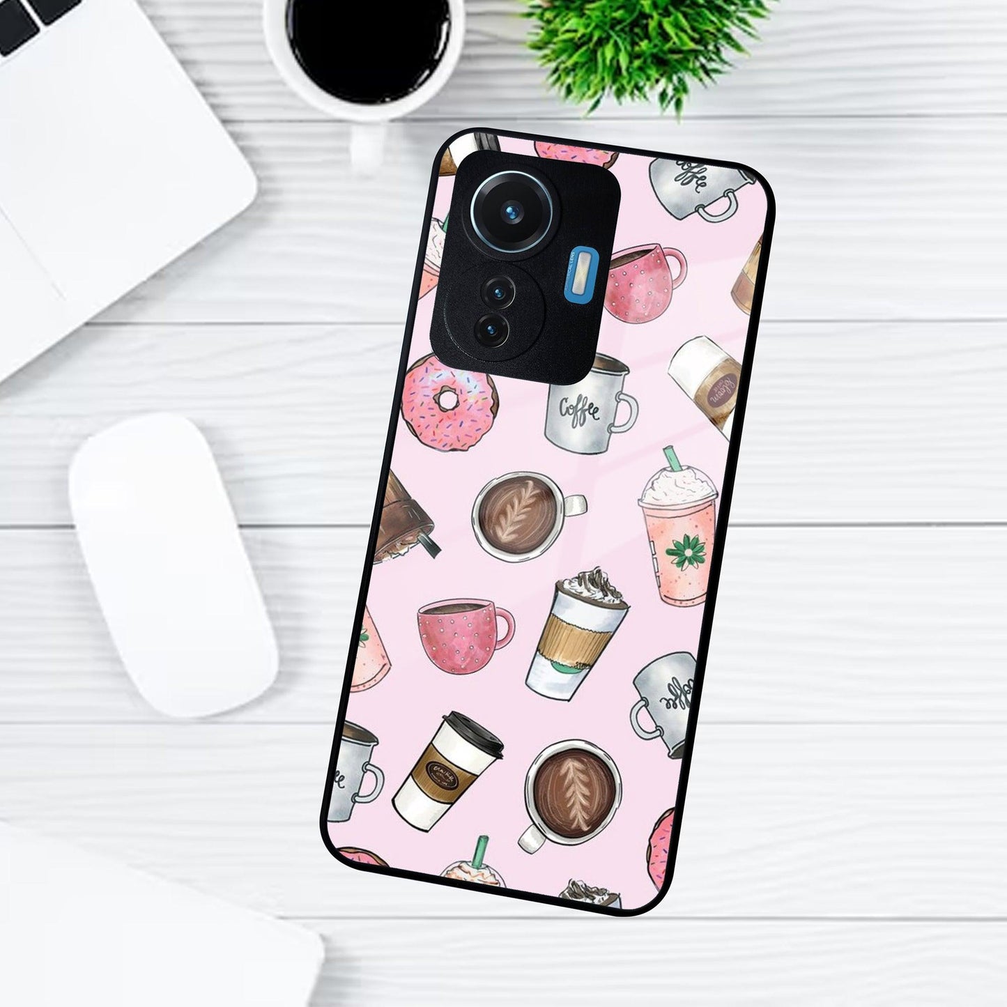 Cute Coffee Snacks Glass Case Cover For Vivo