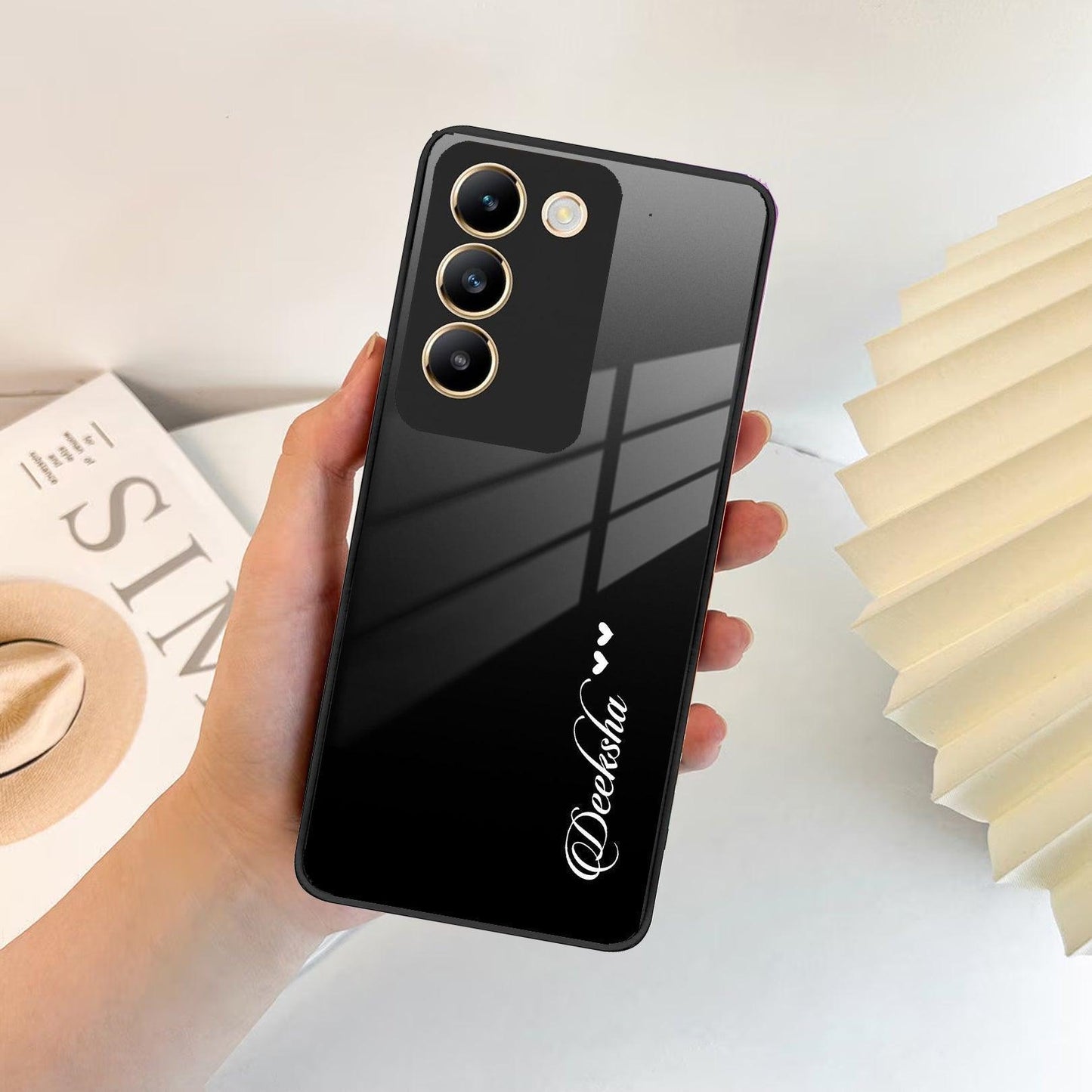 Customize Name Gradient Glass Case Cover Black For Vivo