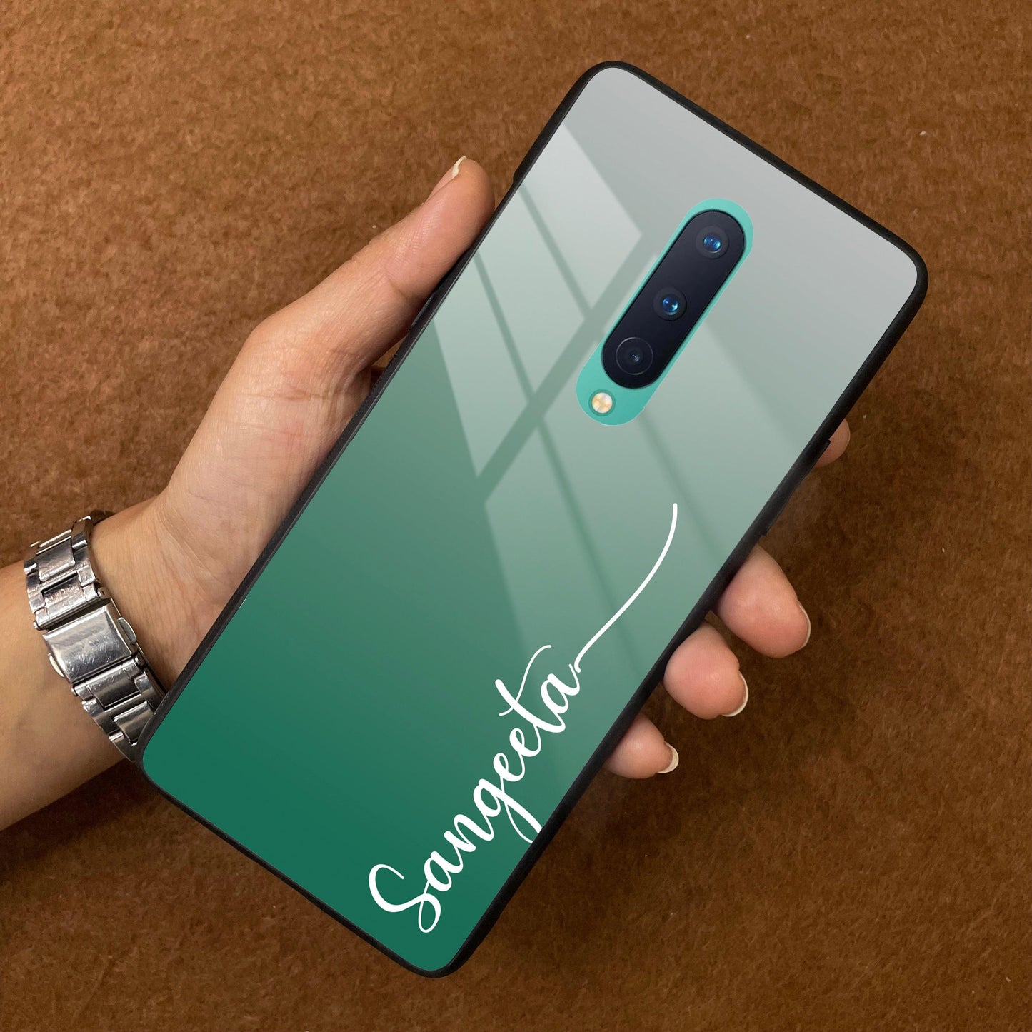 Customize Name Gradient Glass Case Cover Green For OnePlus