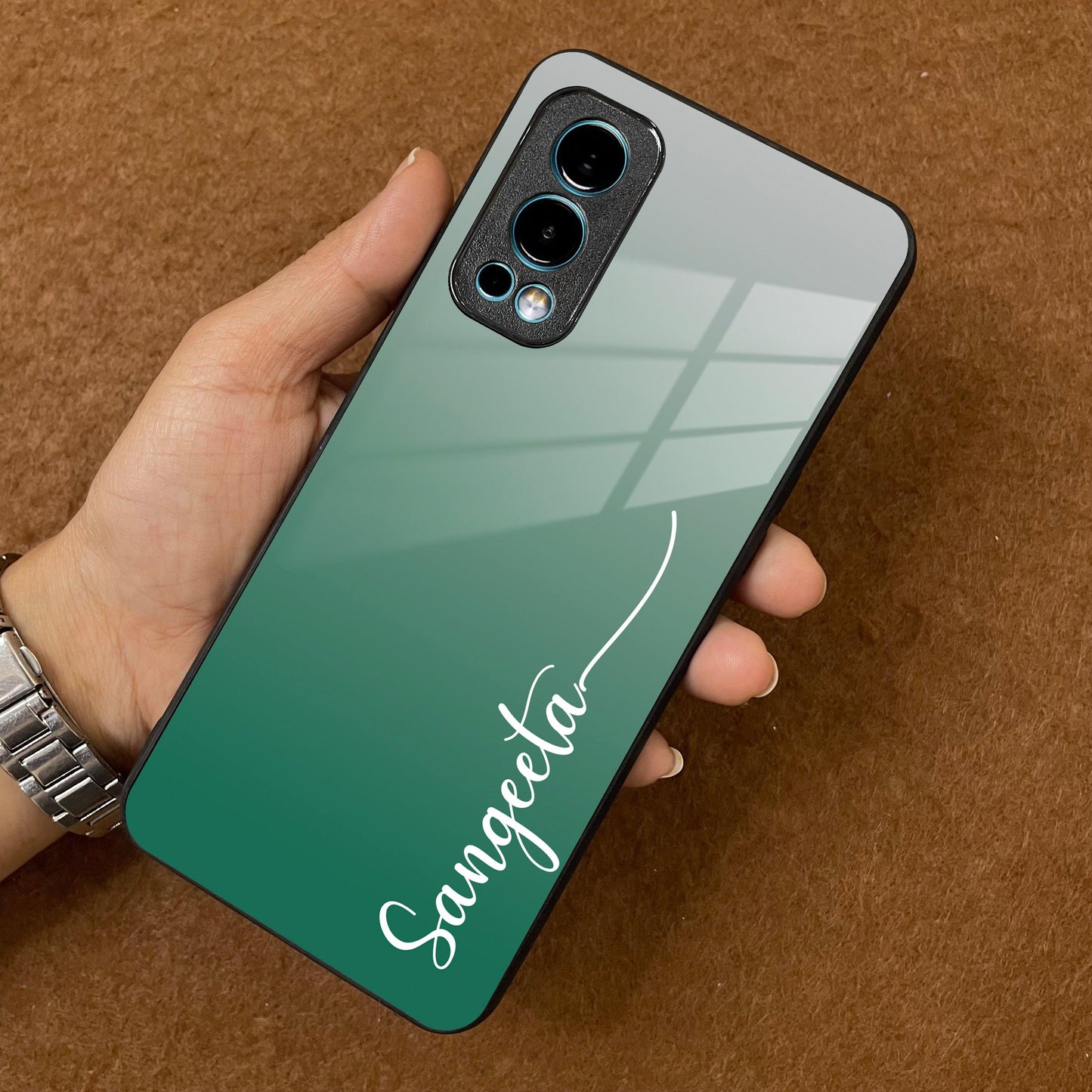 Customize Name Gradient Glass Case Cover Green For OnePlus