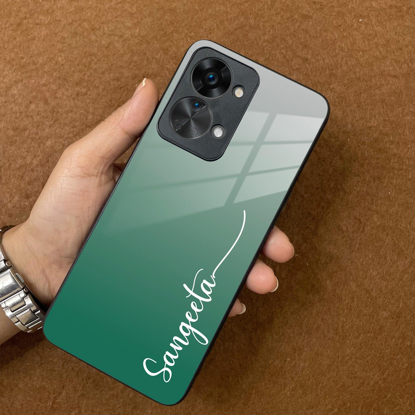 Customize Name Gradient Glass Case Cover Green For OnePlus