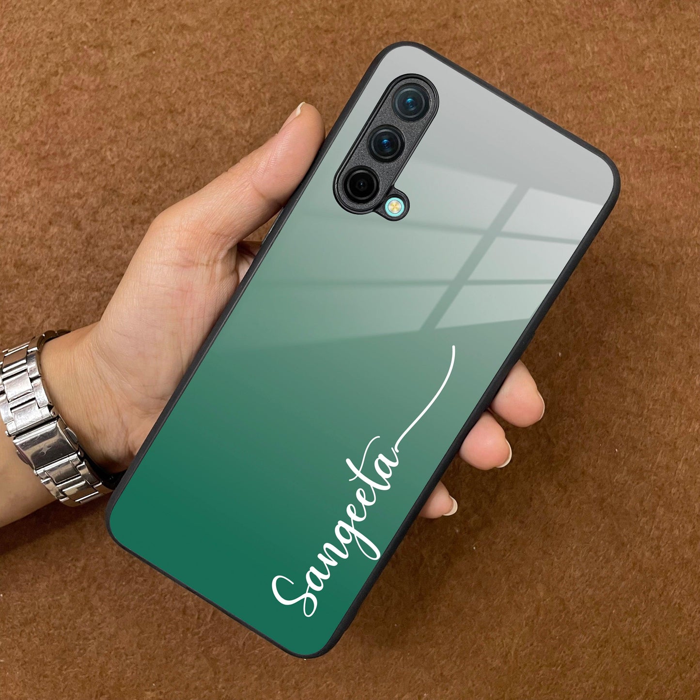 Customize Name Gradient Glass Case Cover Green For OnePlus