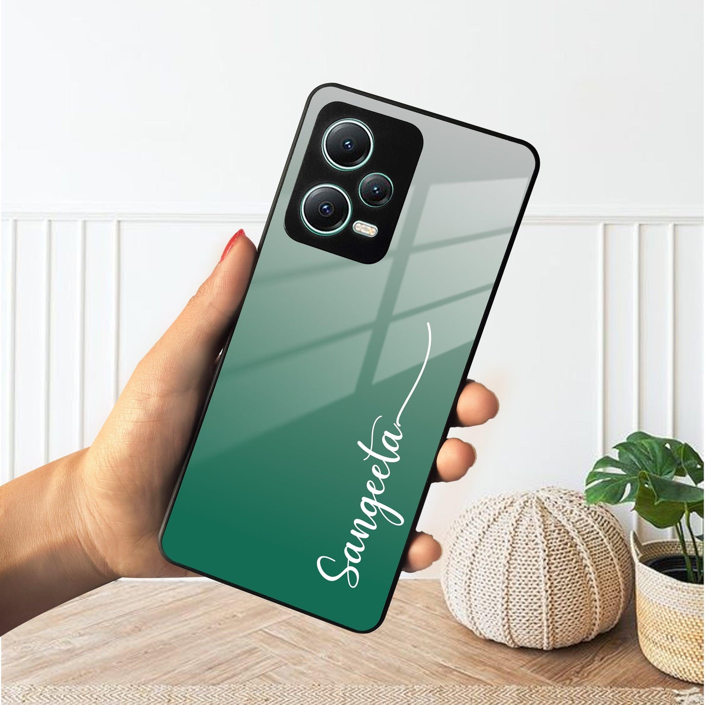 Customize Name Gradient Glass Case Cover Green For Poco