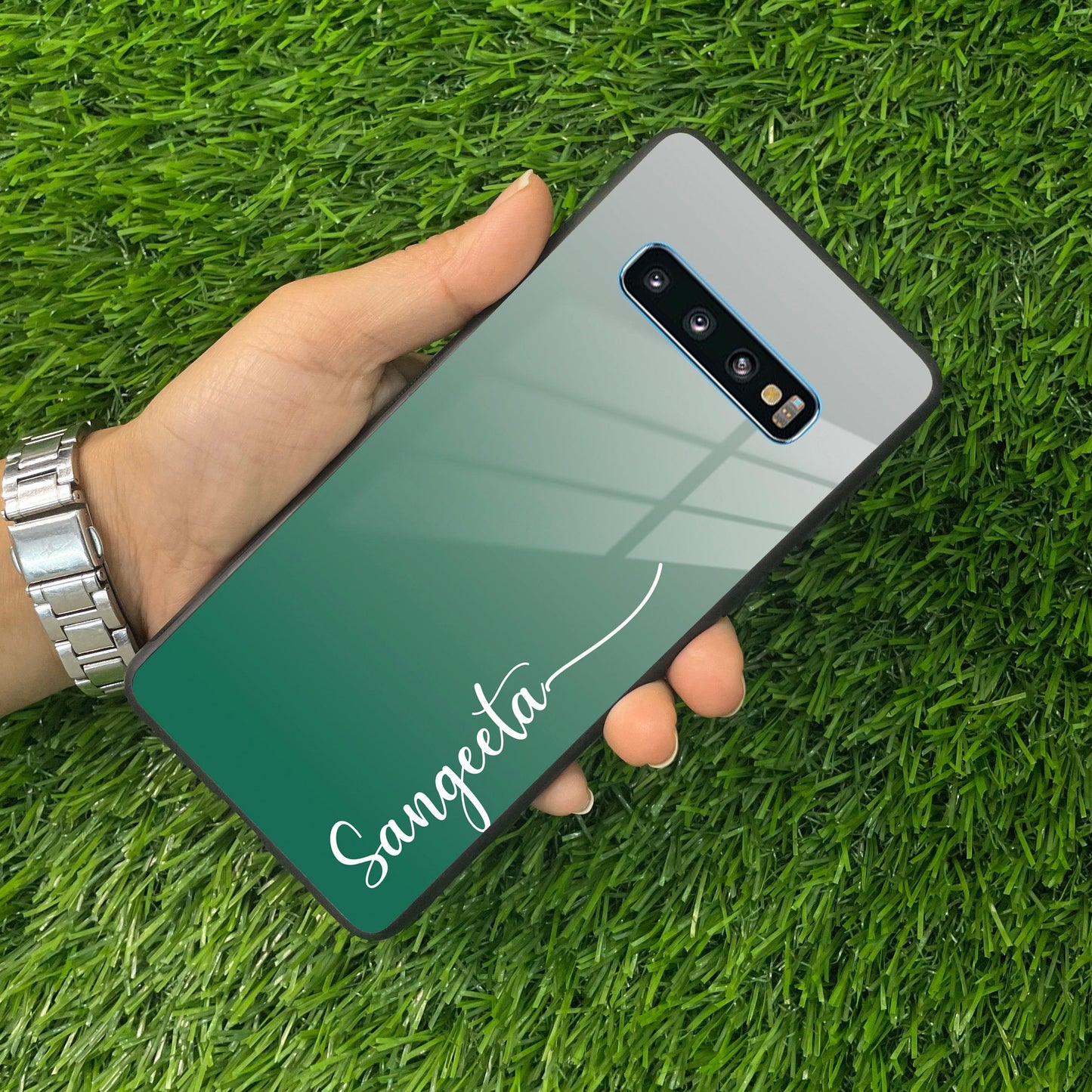 Customize Name Gradient Glass Case Cover Green For Samsung