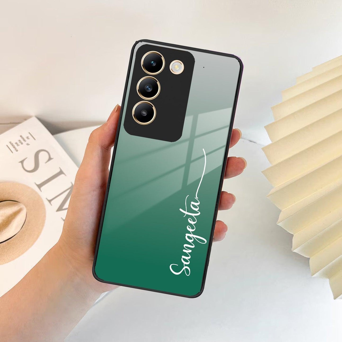 Customize Name Gradient Glass Case Cover Green For Vivo