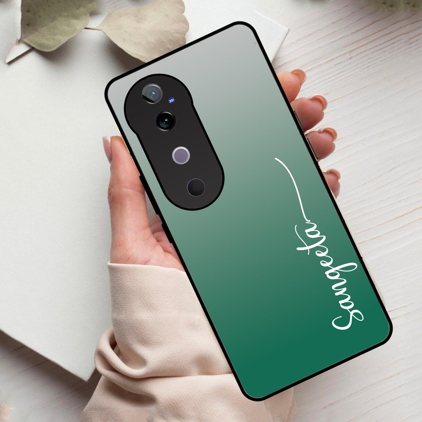 Customize Name Gradient Glass Case Cover Green For Vivo