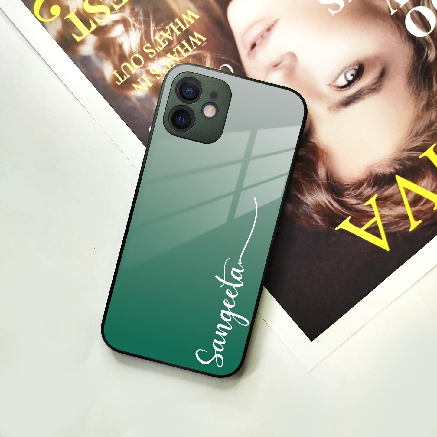 Customize Name Gradient Glass Case Cover Green For iPhone